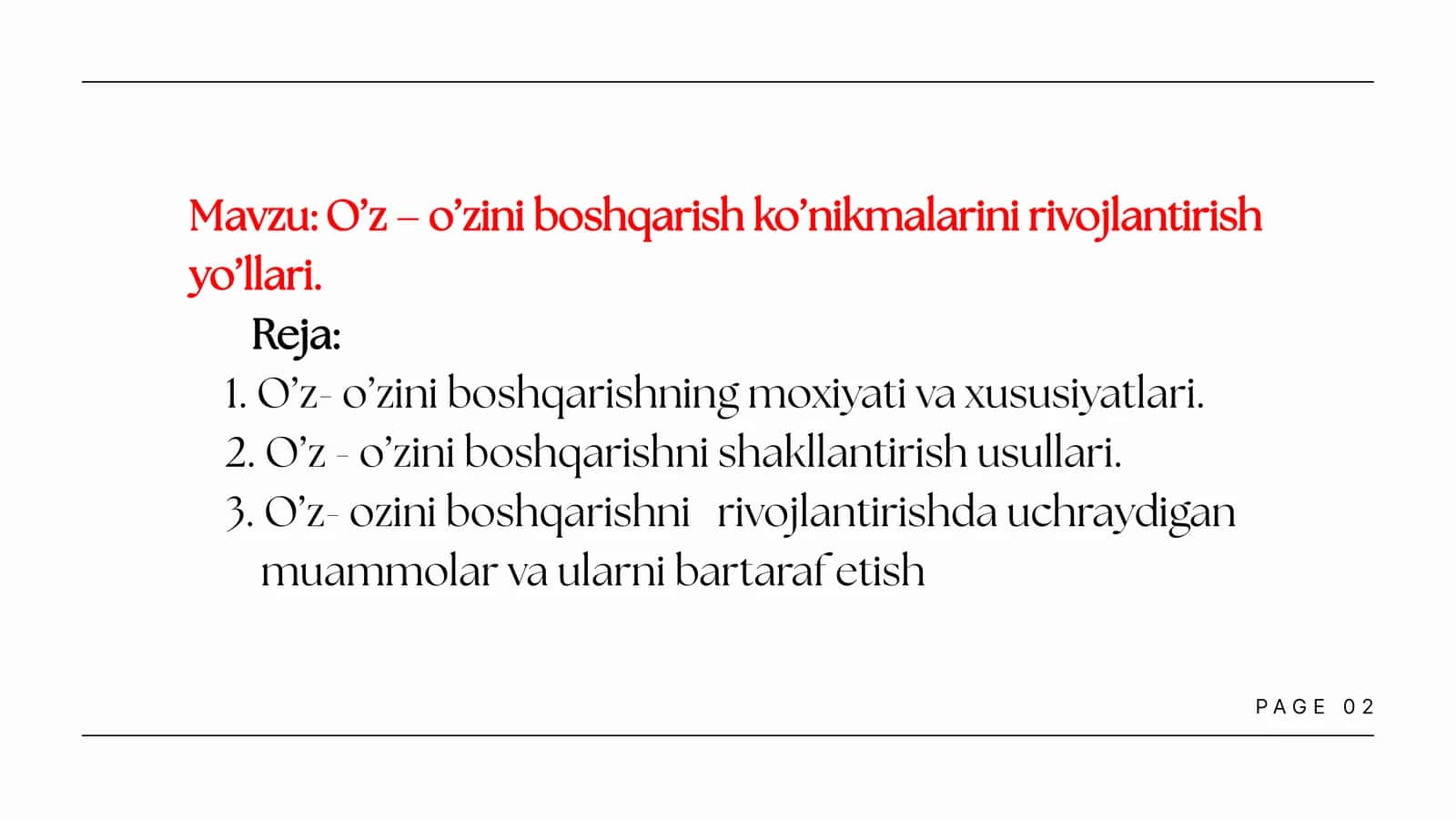 O’z – o’zini boshqarish ko’nikmalarini rivojlantirish yo’llari.