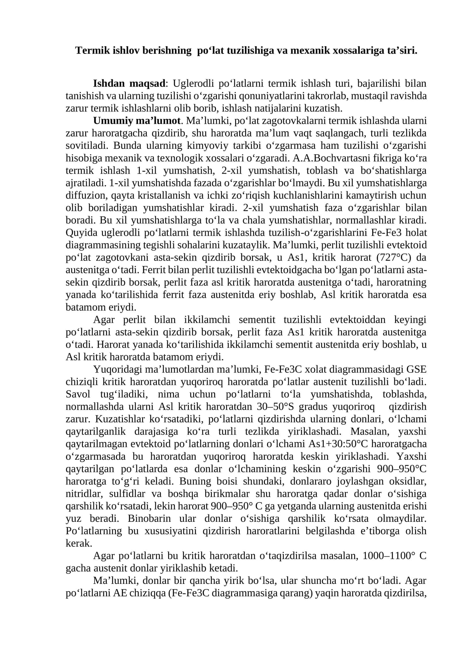 Termik ishlov berishning po‘lat tuzilishiga va mexanik xossalariga ta’siri