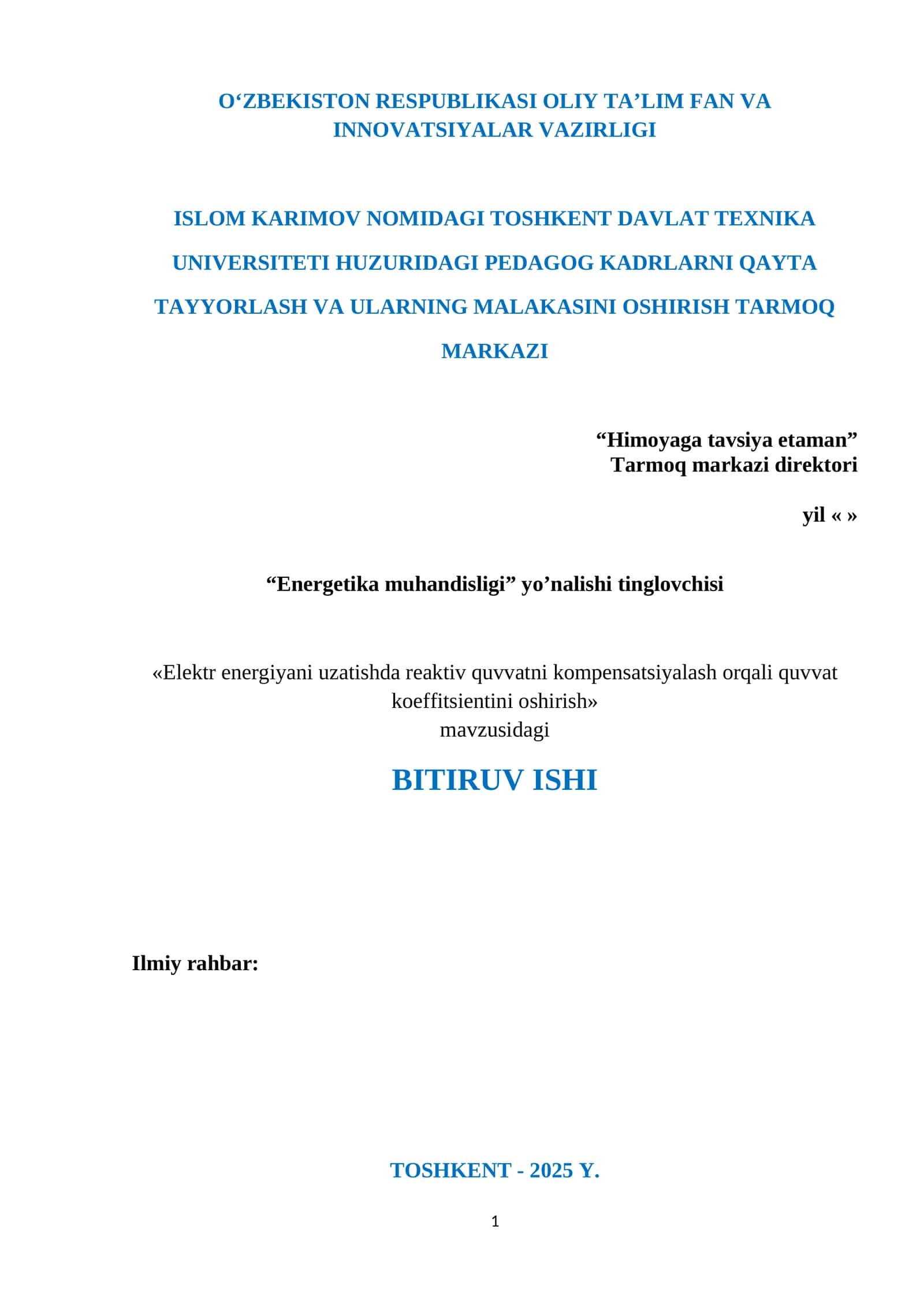 Elektr energiyani uzatishda reaktiv quvvatni kompensatsiyalash orqali quvvat koeffitsientini oshirish