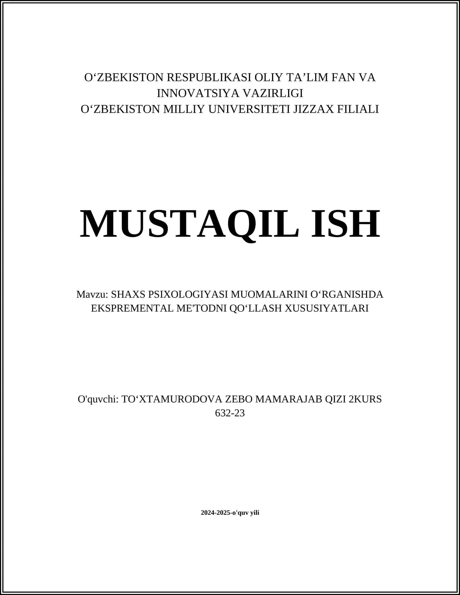 SHAXS PSIXOLOGIYASI MUOMALARINI OʻRGANISHDA EKSPREMENTAL ME'TODNI QOʻLLASH XUSUSIYATLARI