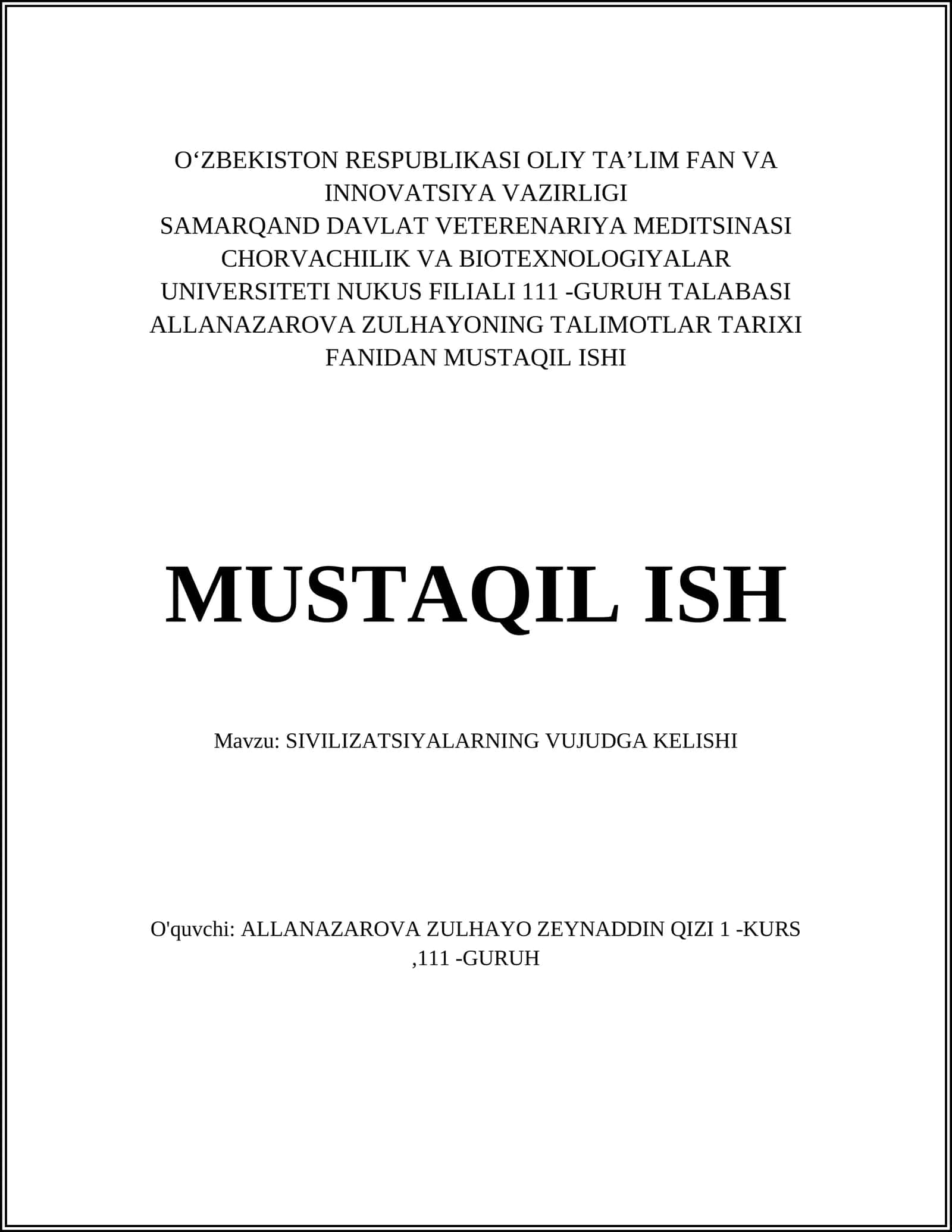 SIVILIZATSIYALARNING VUJUDGA KELISHI
