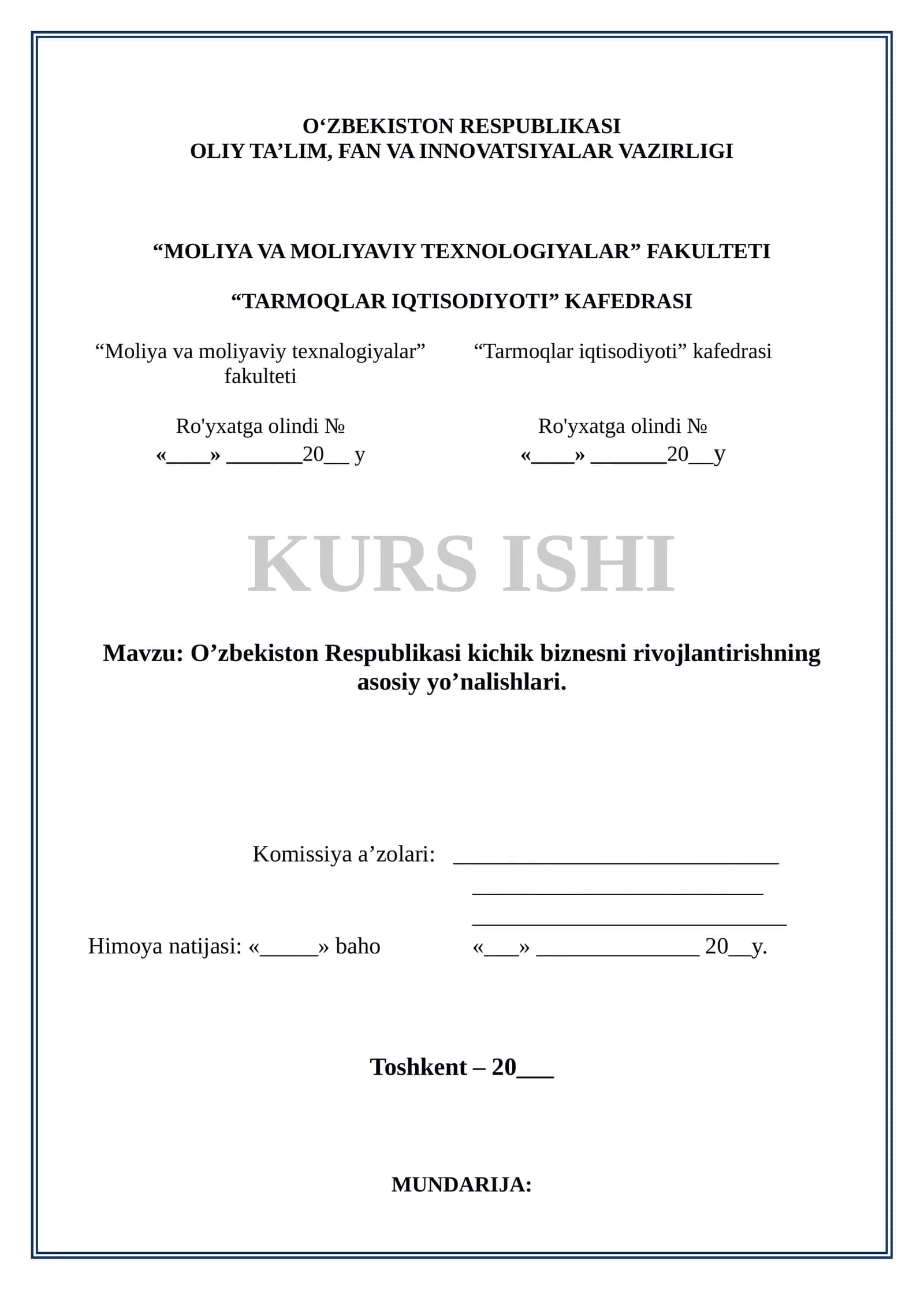 O’zbekiston Respublikasi kichik biznesni rivojlantirishning asosiy yo’nalishlari