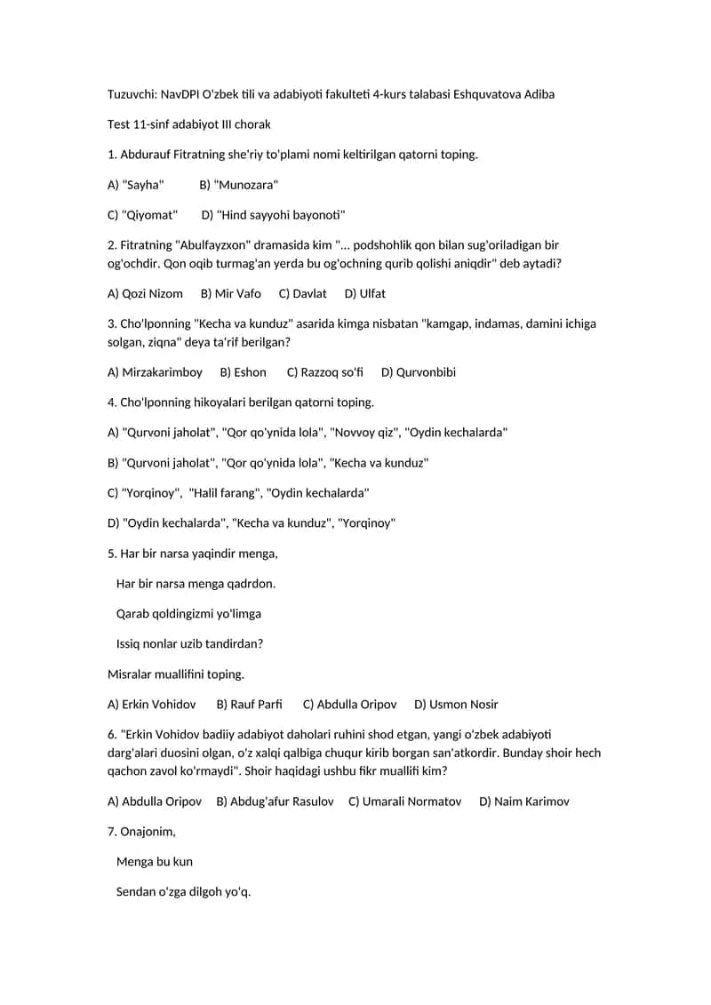 Test 11-sinf adabiyot III chorak
