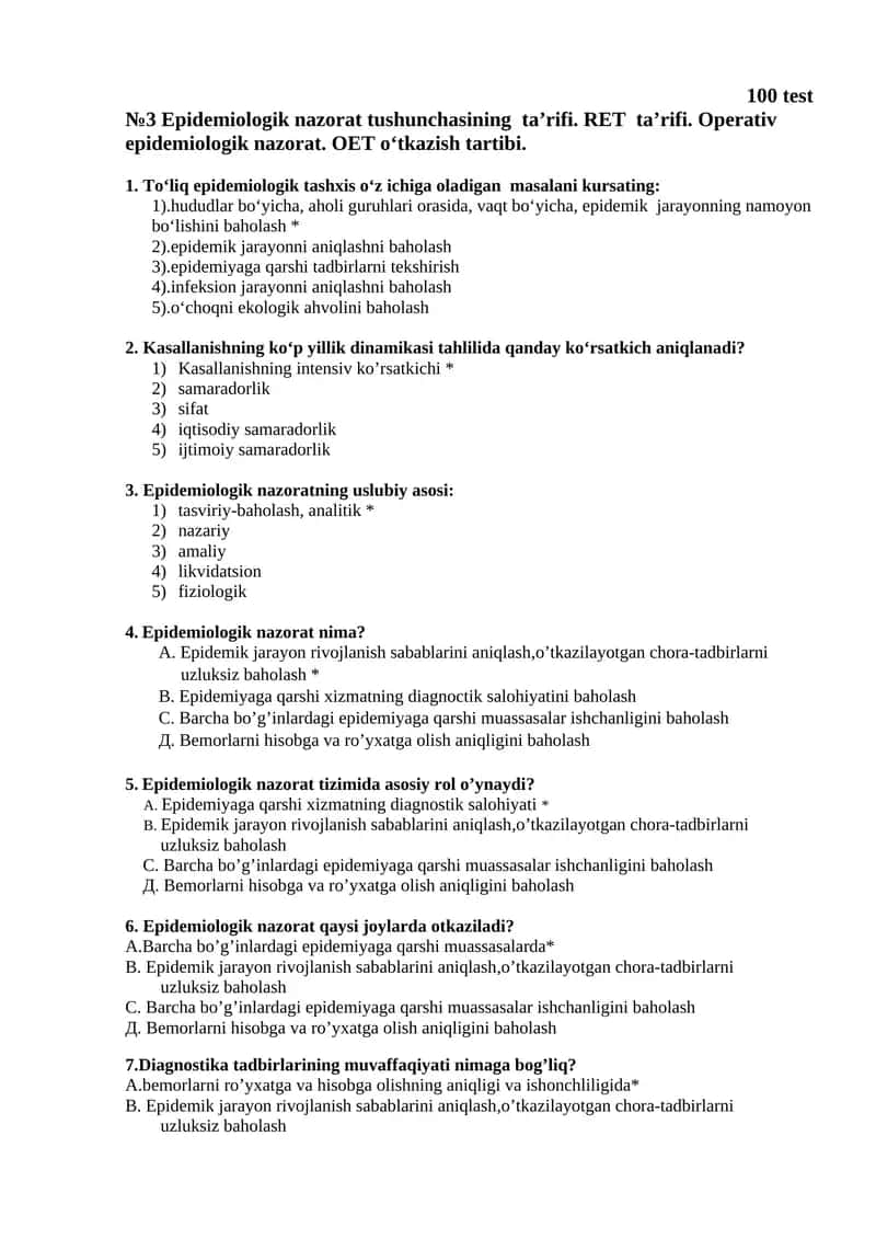 №3 Epidemiologik nazorat tushunchasining ta’rifi. RET ta’rifi. Operativ epidemiologik nazorat. OET o‘tkazish tartibi