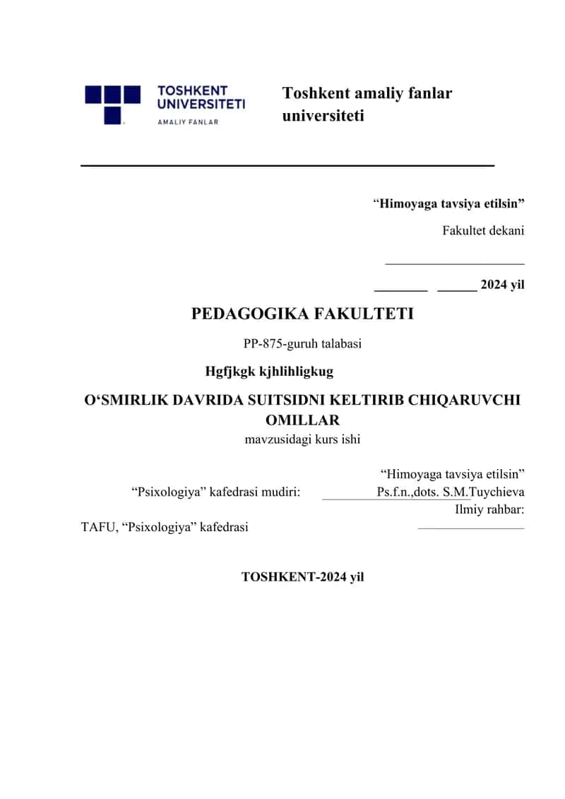 O‘SMIRLIK DAVRIDA SUITSIDNI KELTIRIB CHIQARUVCHI OMILLAR