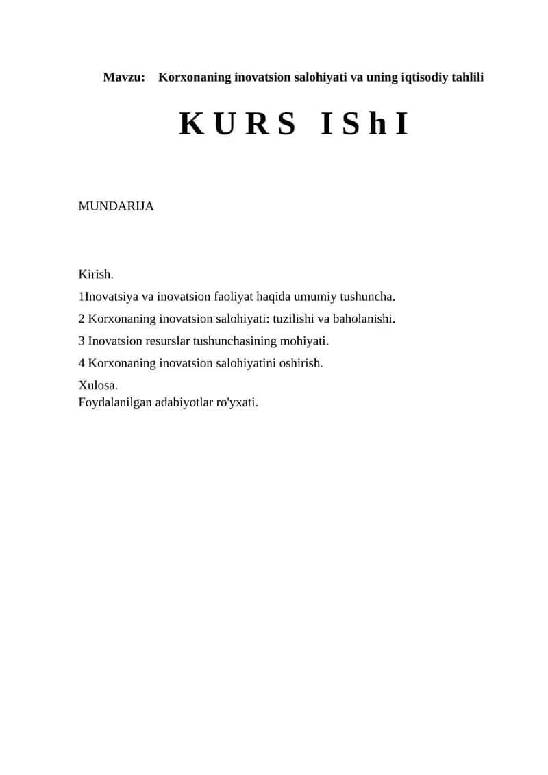 Korxonaning inovatsion salohiyati va uning iqtisodiy tahlili