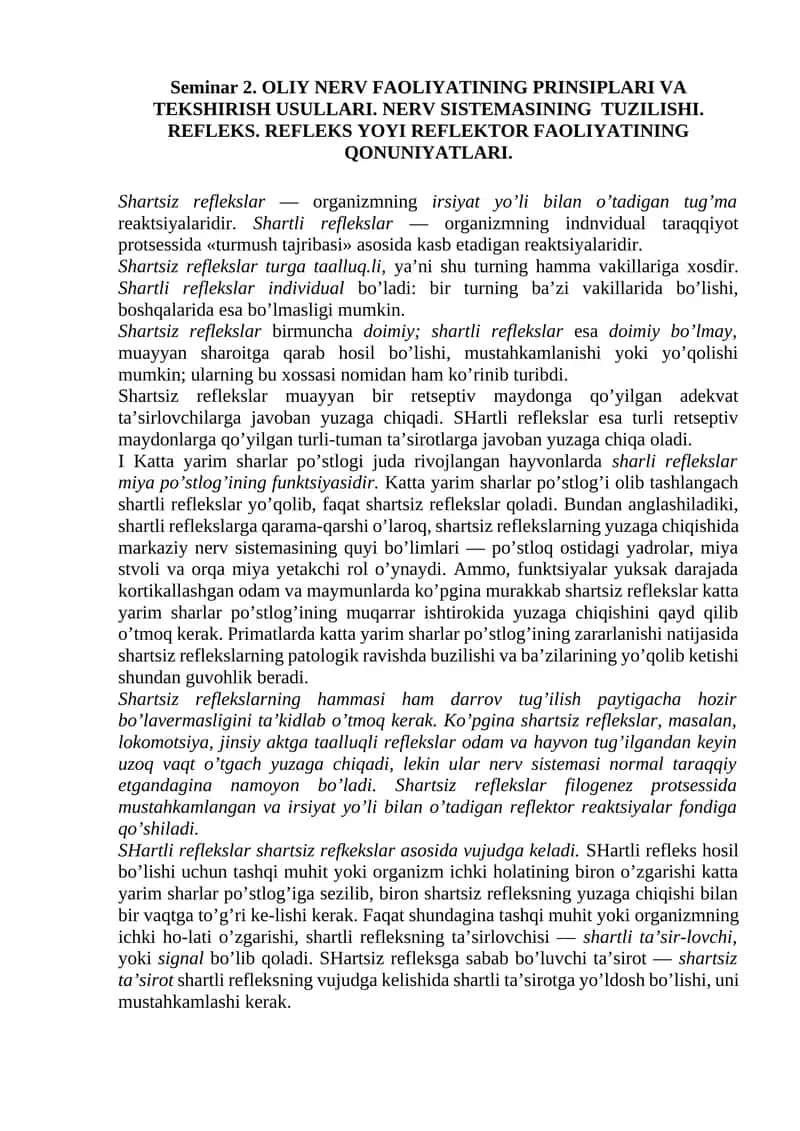 OLIY NERV FAOLIYATINING PRINSIPLARI VA TEKSHIRISH USULLARI