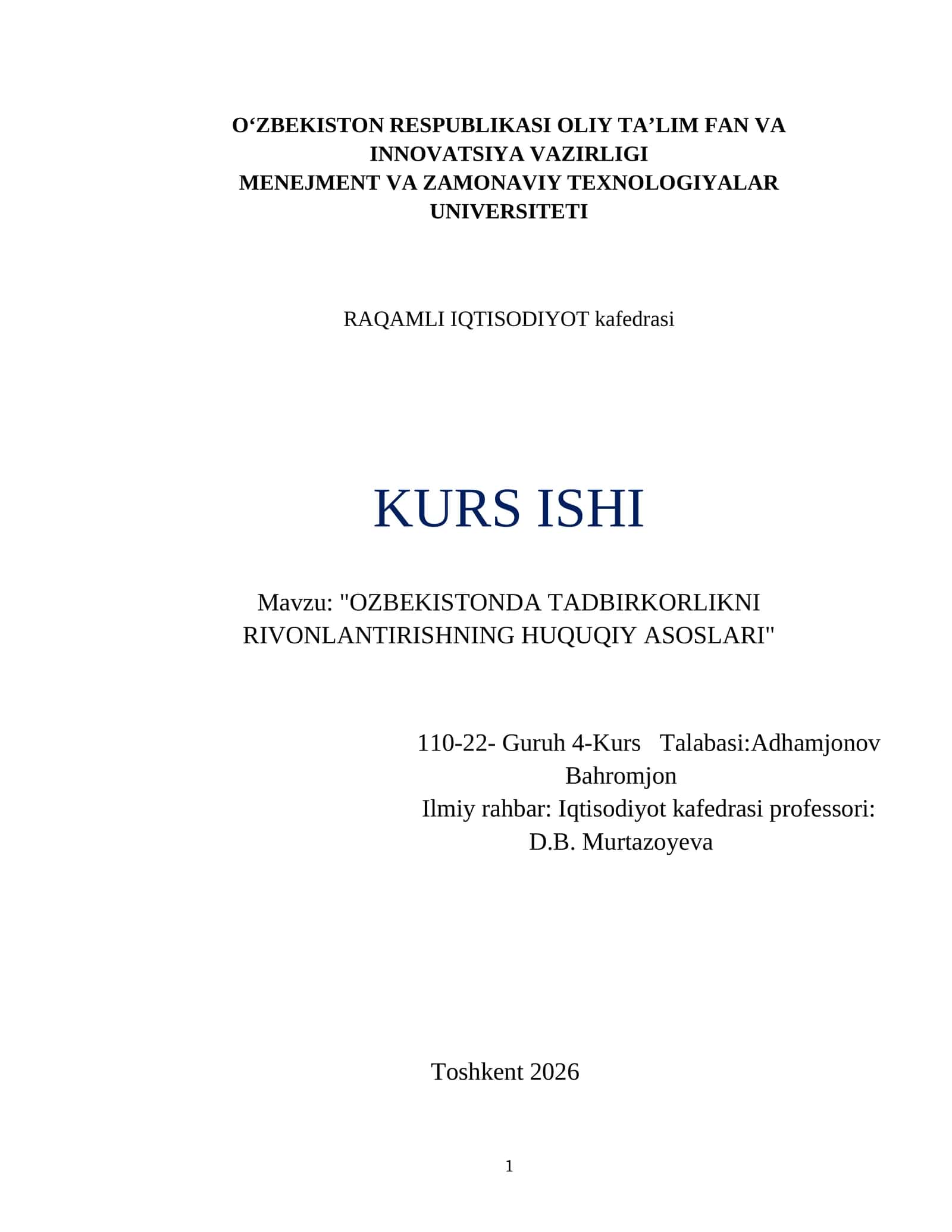 OZBEKISTONDA TADBIRKORLIKNI RIVONLANTIRISHNING HUQUQIY ASOSLARI