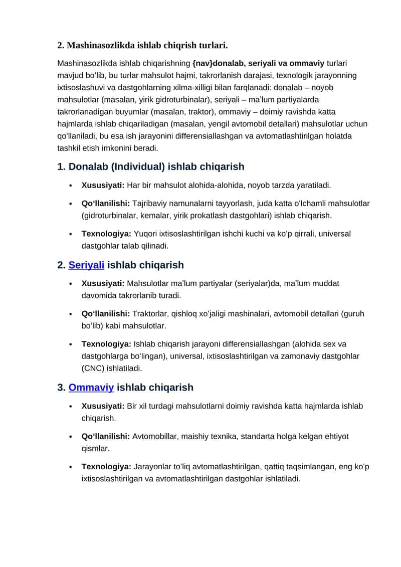 Mashinasozlikda ishlab chiqrish turlari