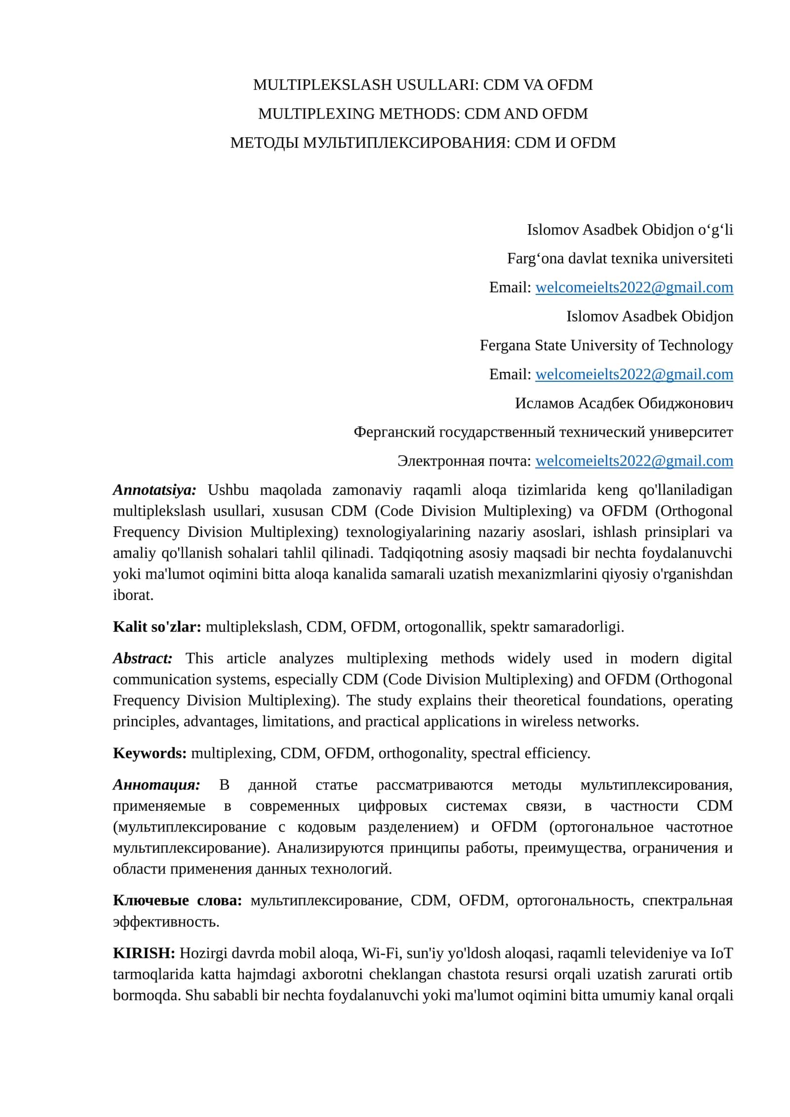 MULTIPLEKSLASH USULLARI: CDM VA OFDM