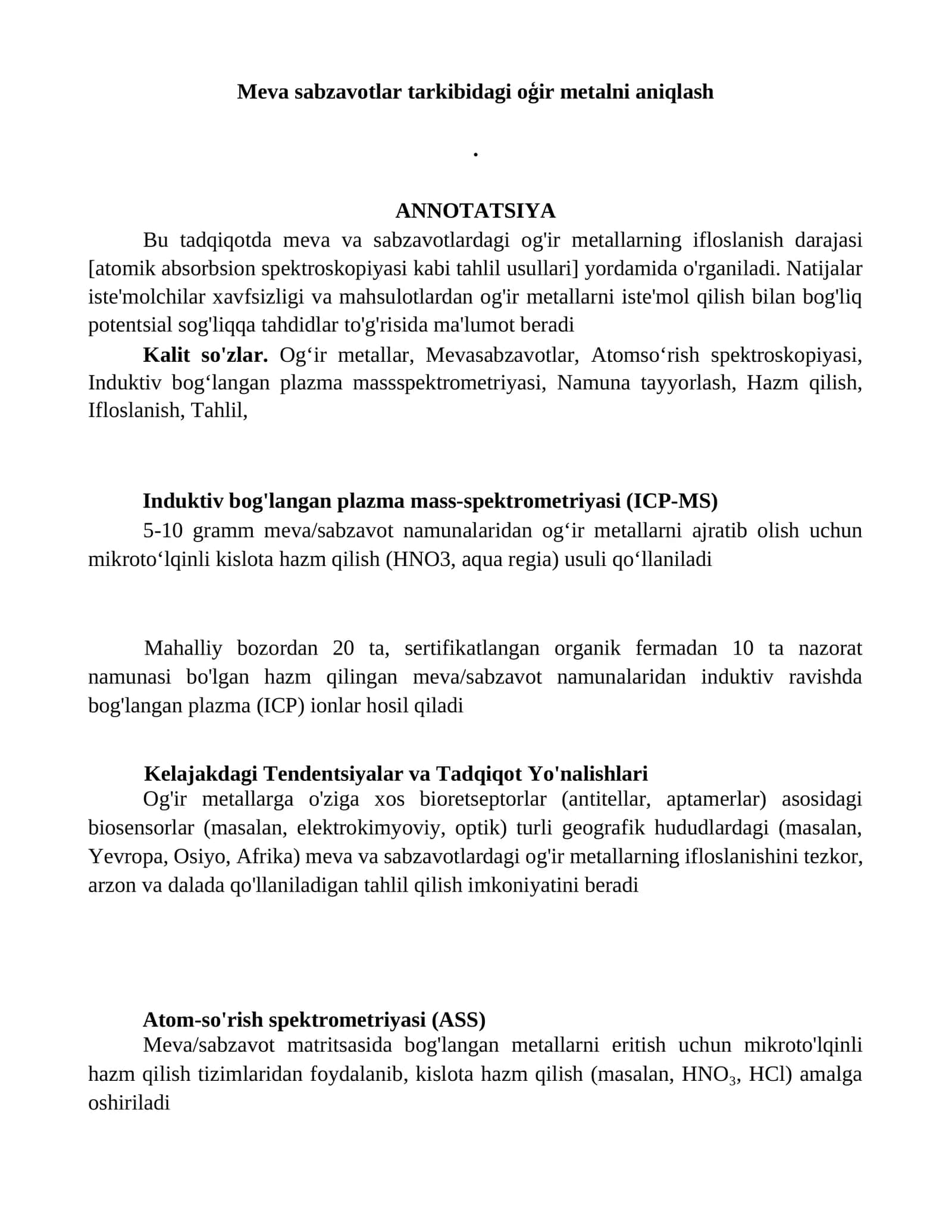 Meva sabzavotlar tarkibidagi oģir metalni aniqlash