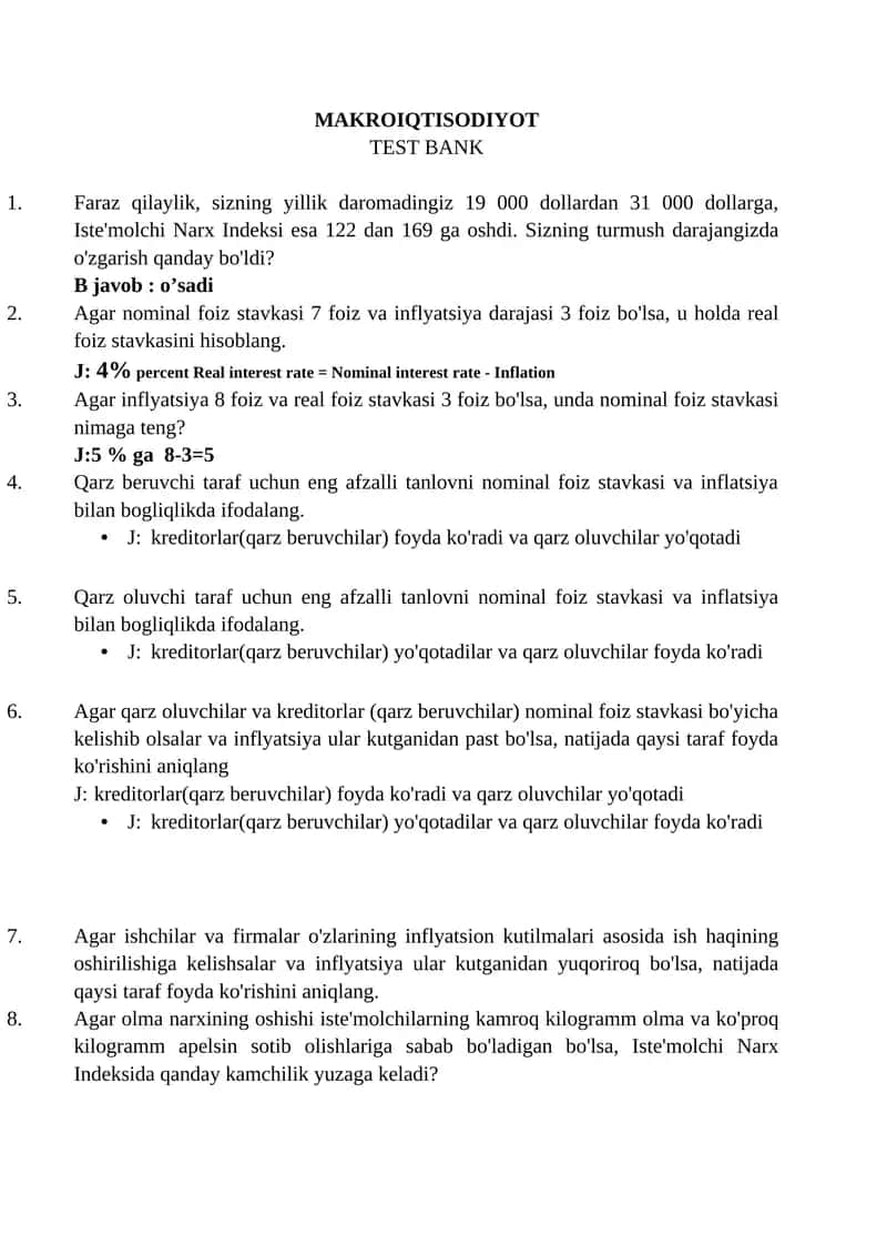 MAKROIQTISODIYOT TEST BANK