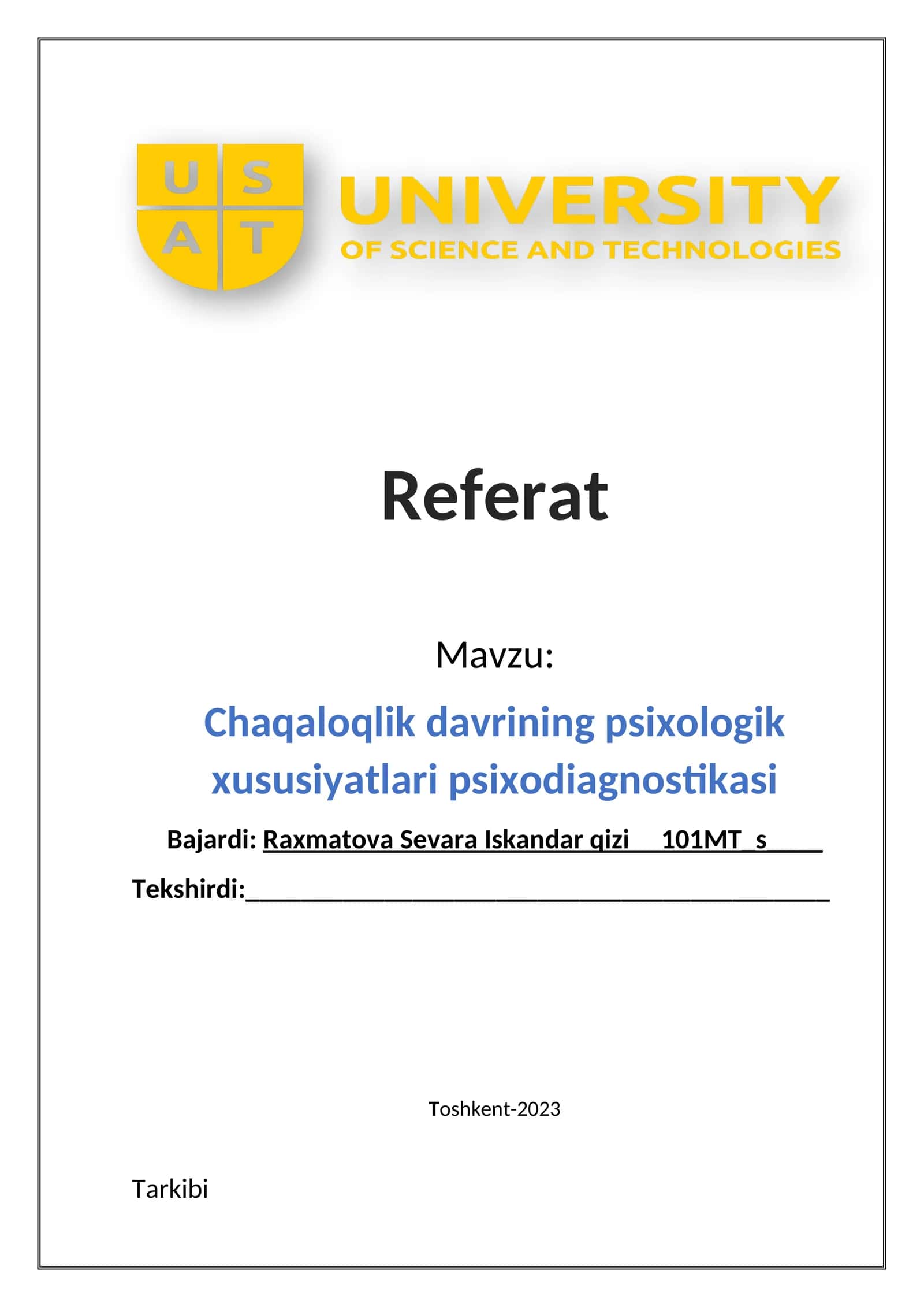 Chaqaloqlik davrining psixologik xususiyatlari psixodiagnostikasi