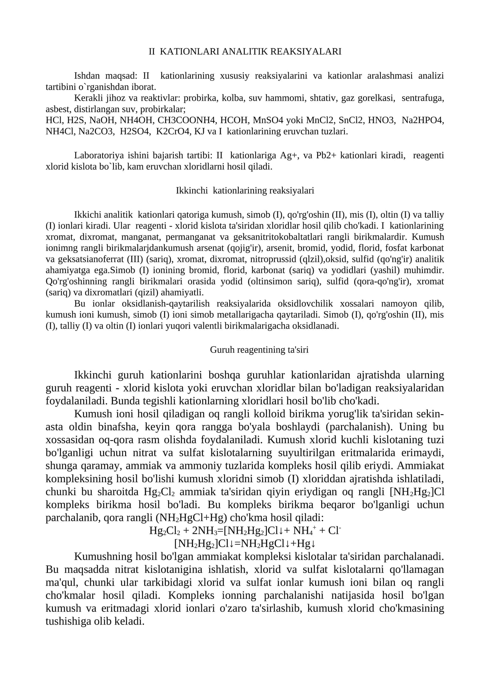II KATIONLARI ANALITIK REAKSIYALARI