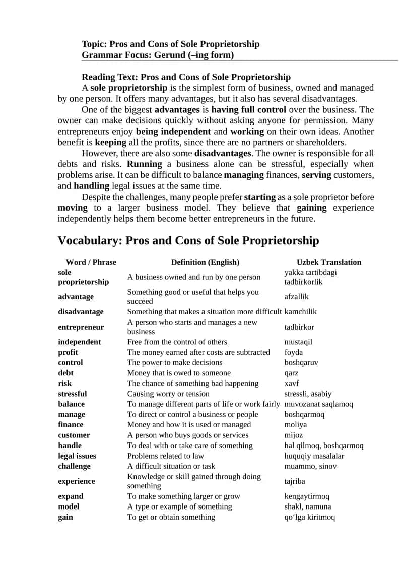 Pros and Cons of Sole Proprietorship
