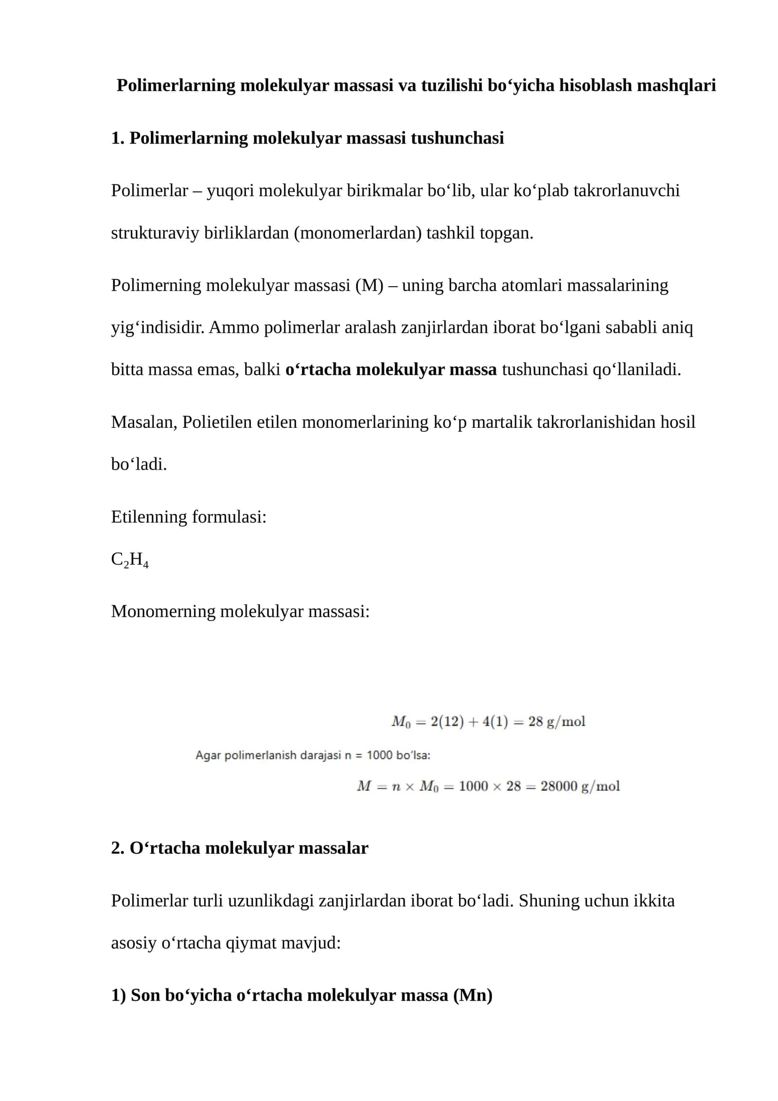 Polimerlarning molekulyar massasi va tuzilishi bo‘yicha hisoblash mashqlari