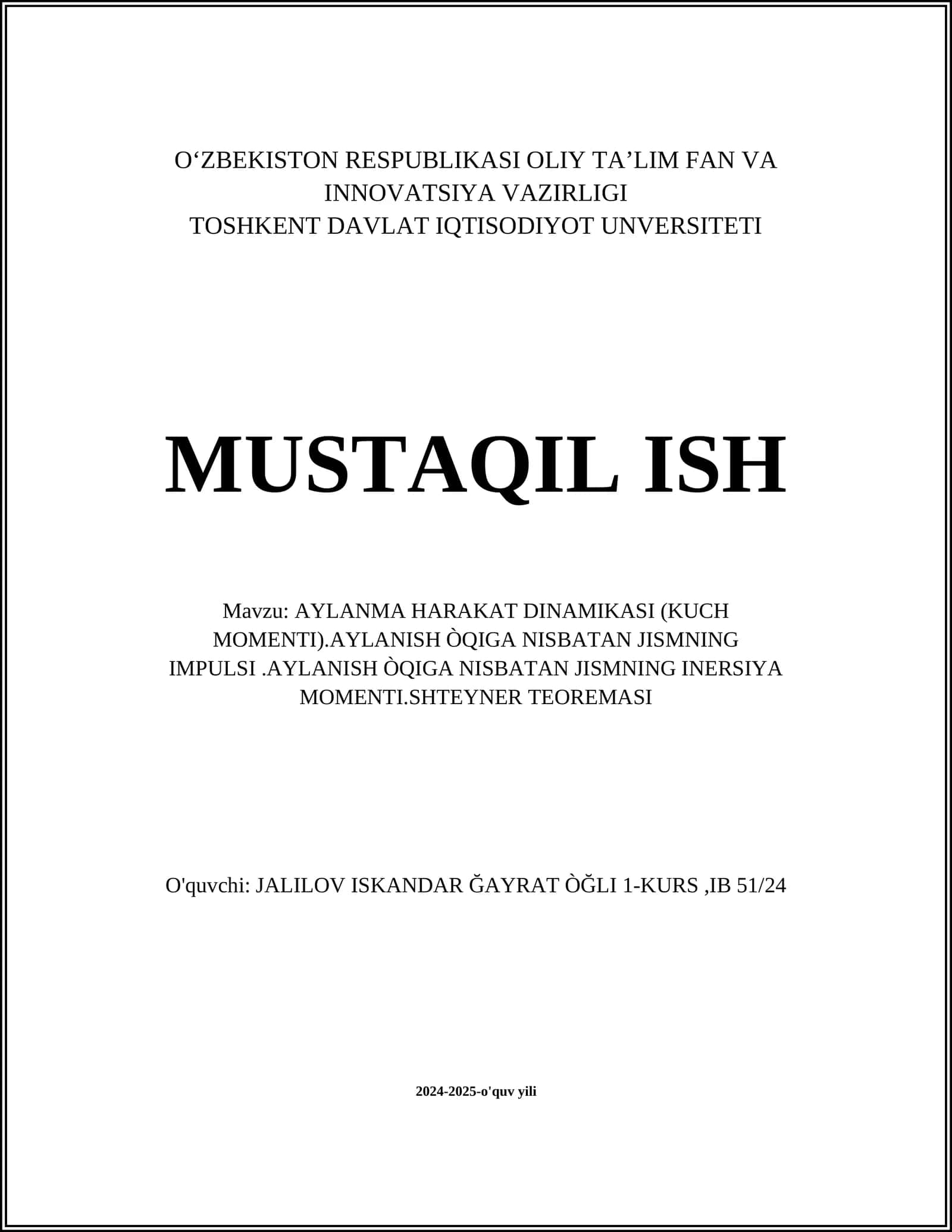 AYLANMA HARAKAT DINAMIKASI (KUCH MOMENTI).AYLANISH ÒQIGA NISBATAN JISMNING IMPULSI.AYLANISH ÒQIGA NISBATAN JISMNING INERSIYA MOMENTI.SHTEYNER TEOREMASI