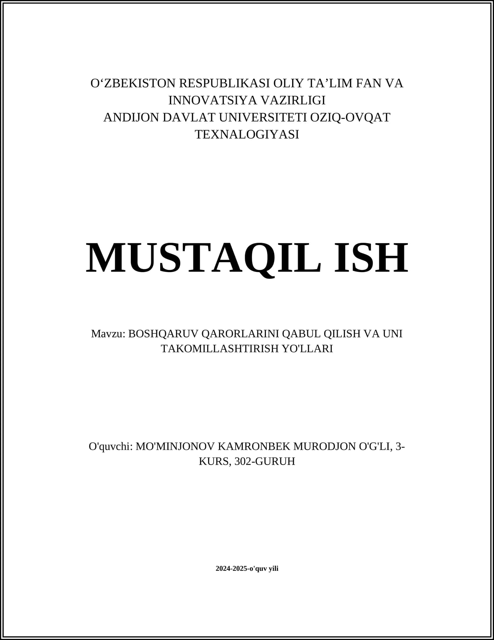 BOSHQARUV QARORLARINI QABUL QILISH VA UNI TAKOMILLASHTIRISH YO'LLARI