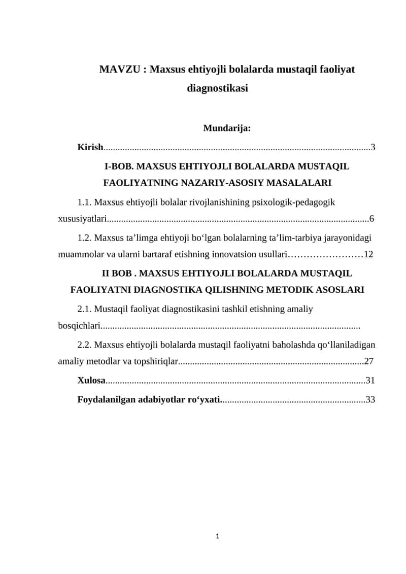 Maxsus ehtiyojli bolalarda mustaqil faoliyat diagnostikasi