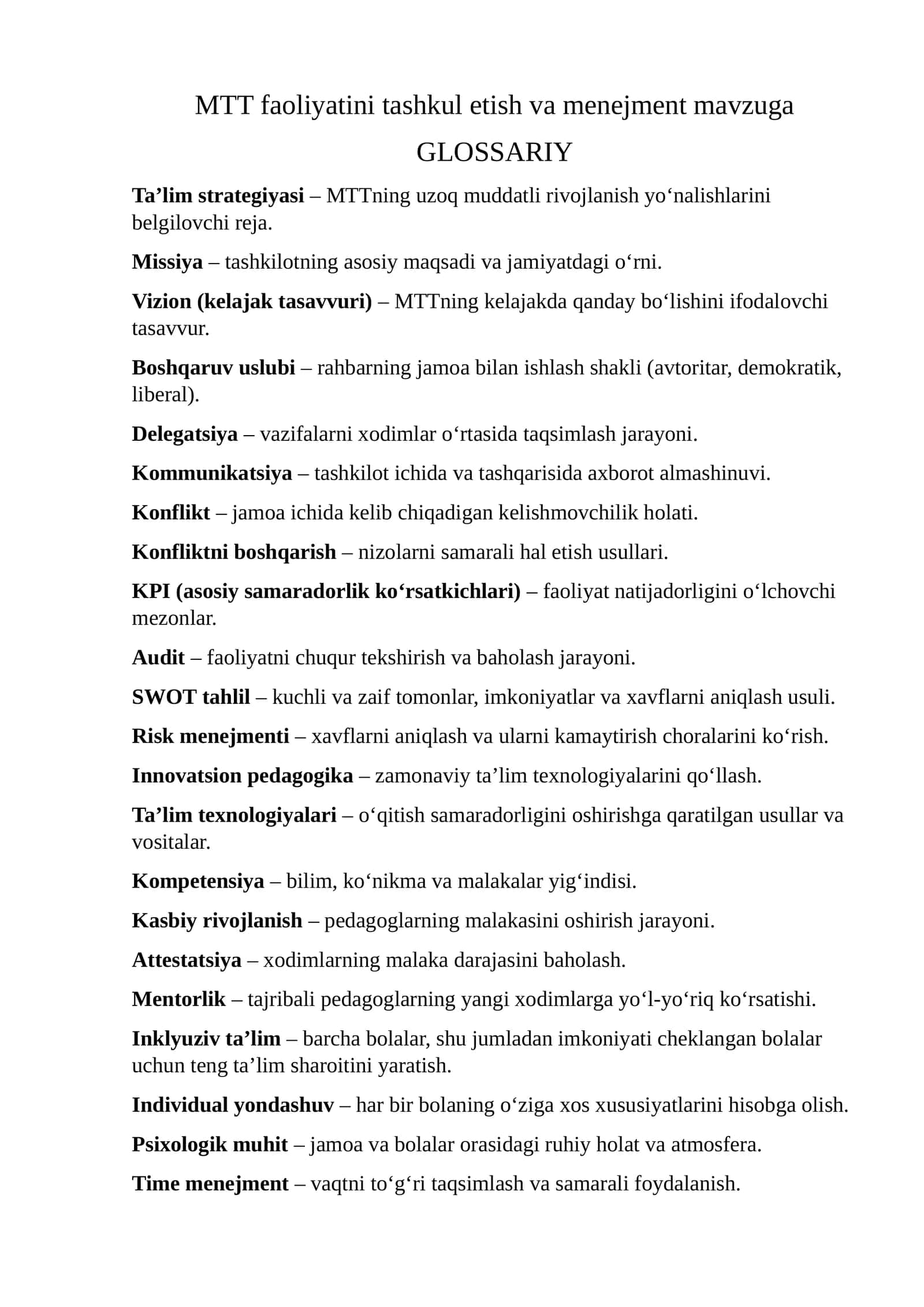 MTT faoliyatini tashkul etish va menejment