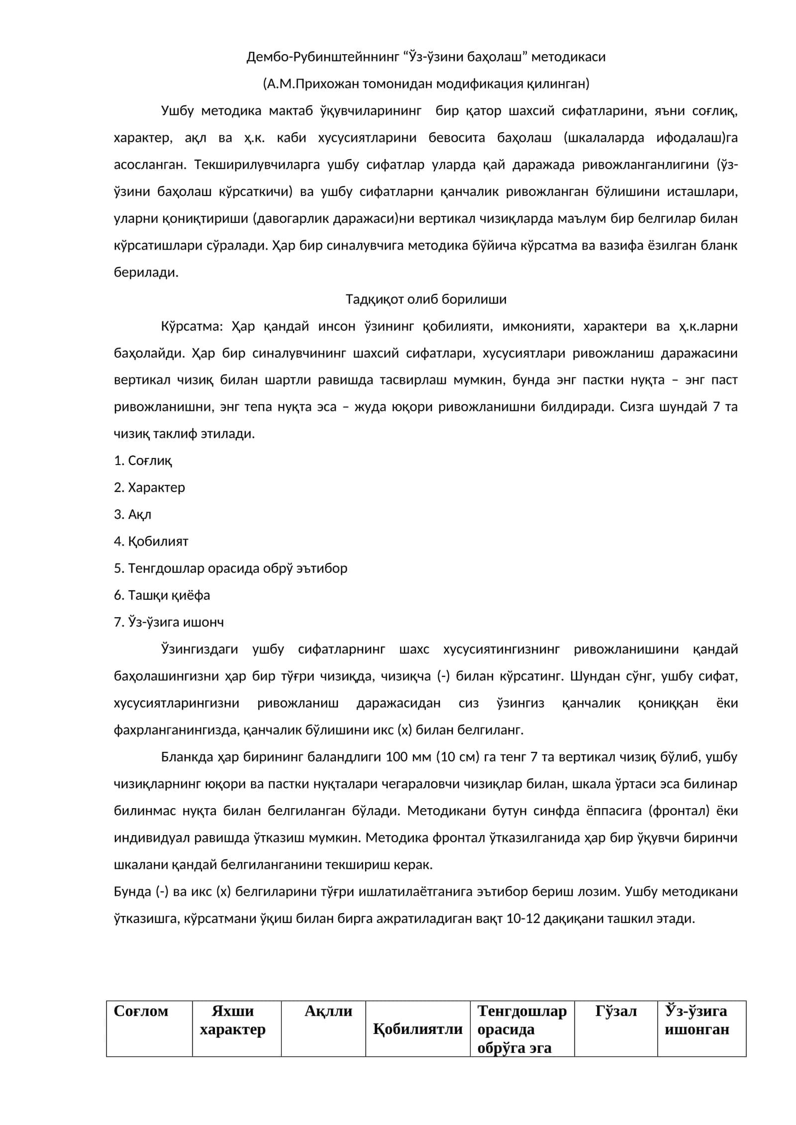 Дембо-Рубинштейннинг “Ўз-ўзини баҳолаш” методикаси