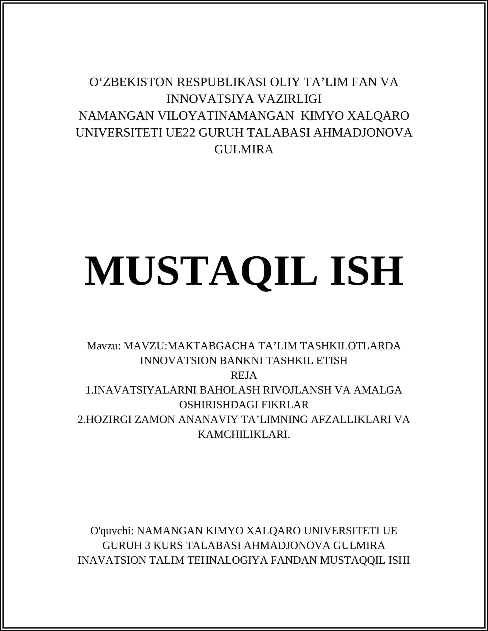 MAKTABGACHA TAʼLIM TASHKILOTLARDA INNOVATSION BANKNI TASHKIL ETISH