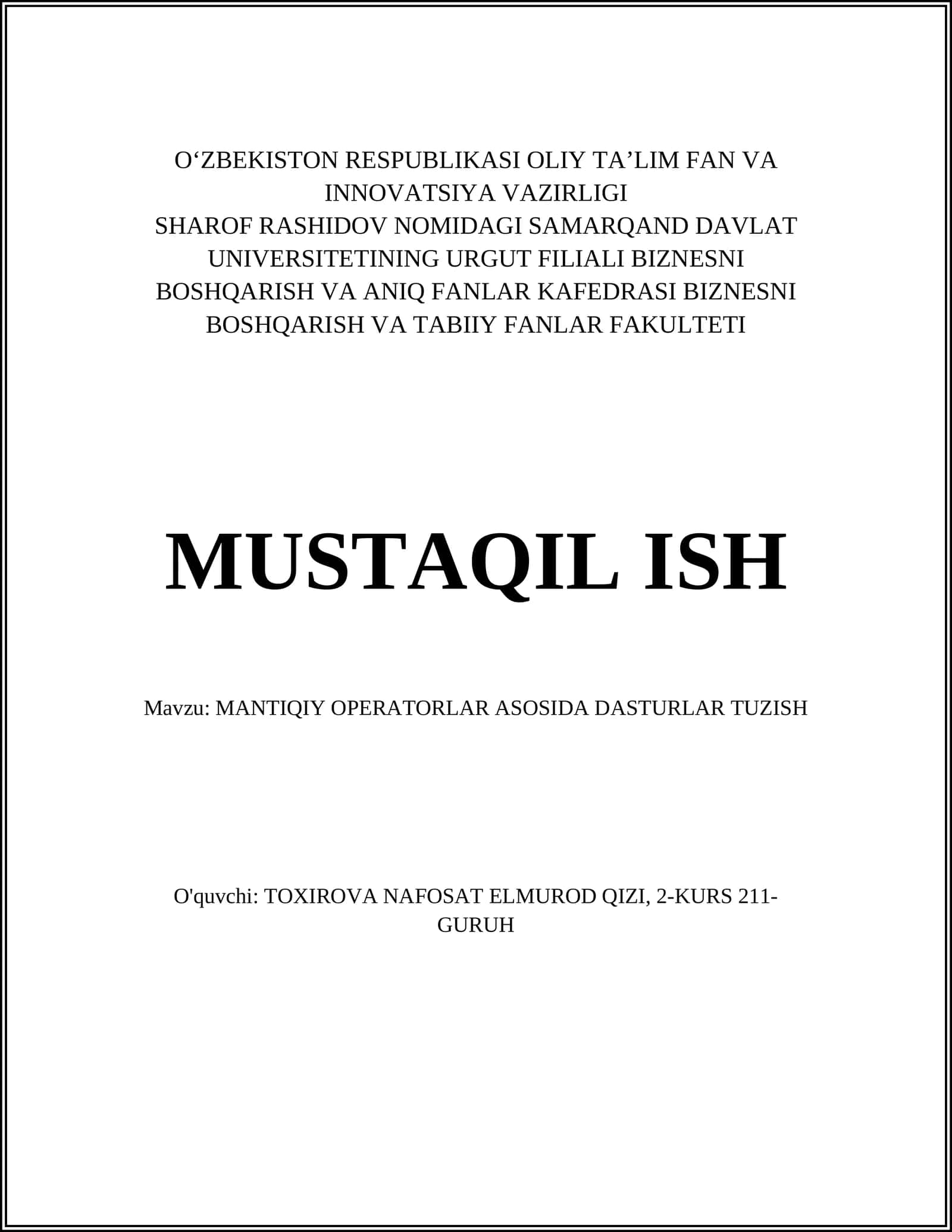 MANTIQIY OPERATORLAR ASOSIDA DASTURLAR TUZISH