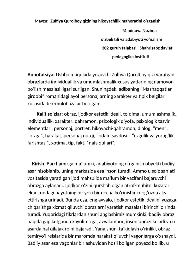 Zulfiya Qurolboy qizining hikoyachilik mahoratini o‘rganish