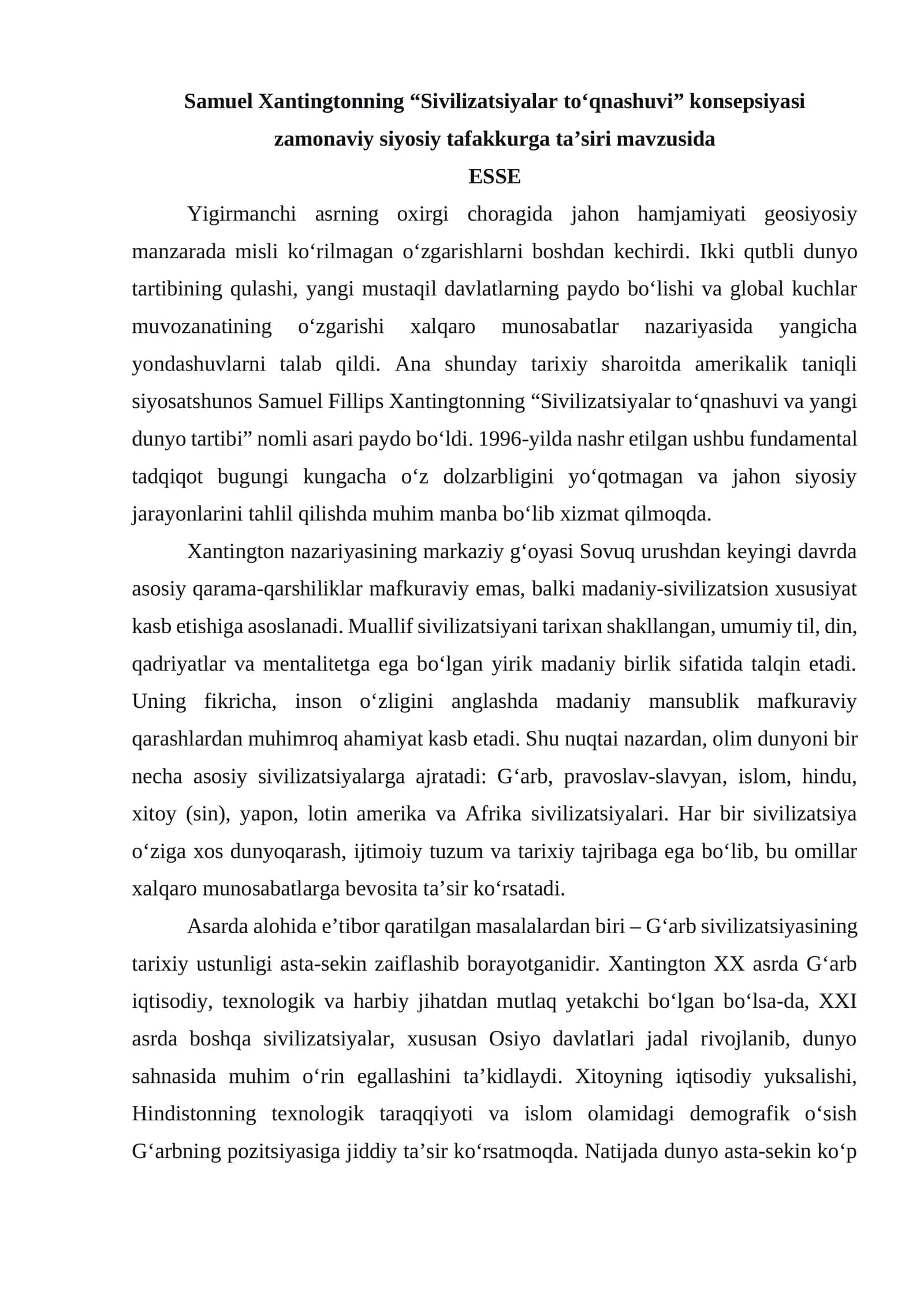 Samuel Xantingtonning “Sivilizatsiyalar to‘qnashuvi” konsepsiyasi zamonaviy siyosiy tafakkurga ta’siri