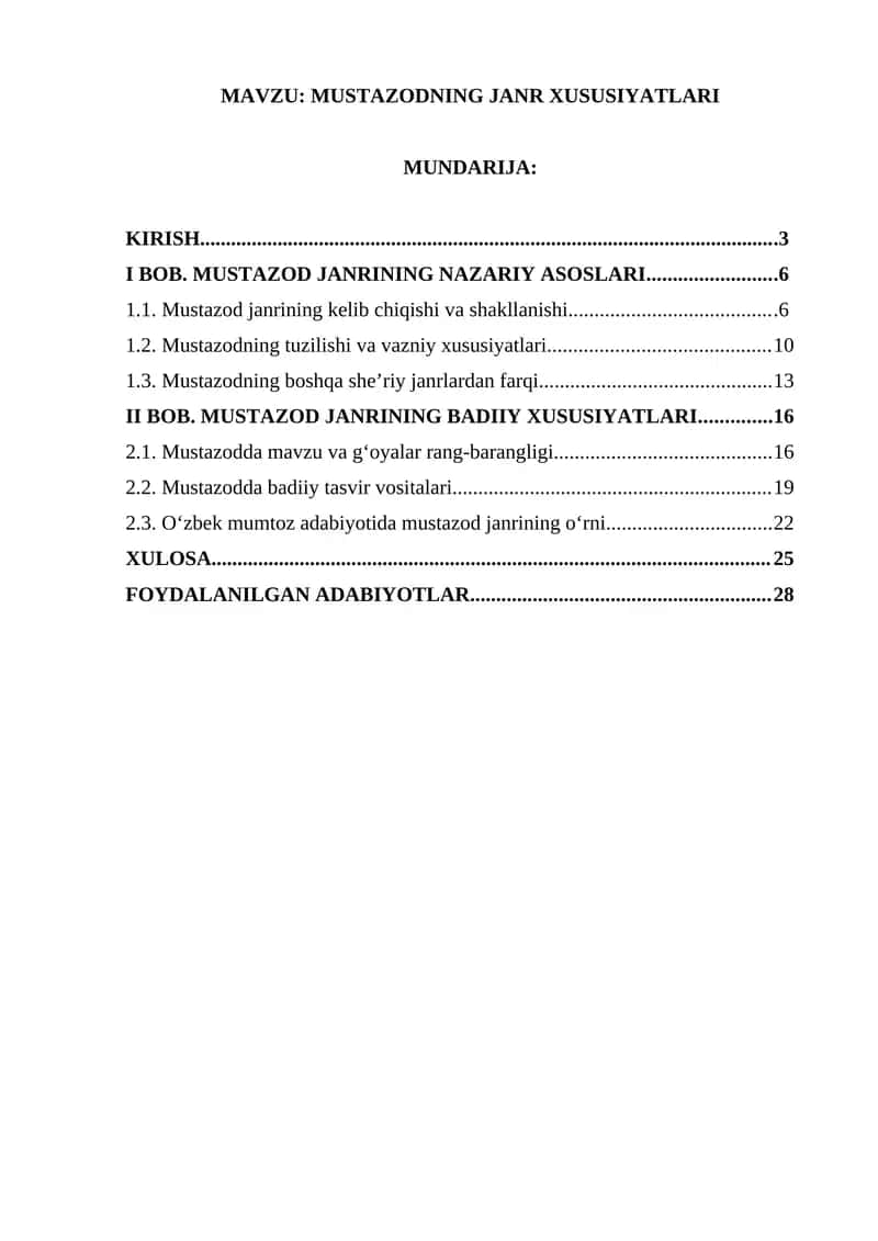 MUSTAZODNING JANR XUSUSIYATLARI