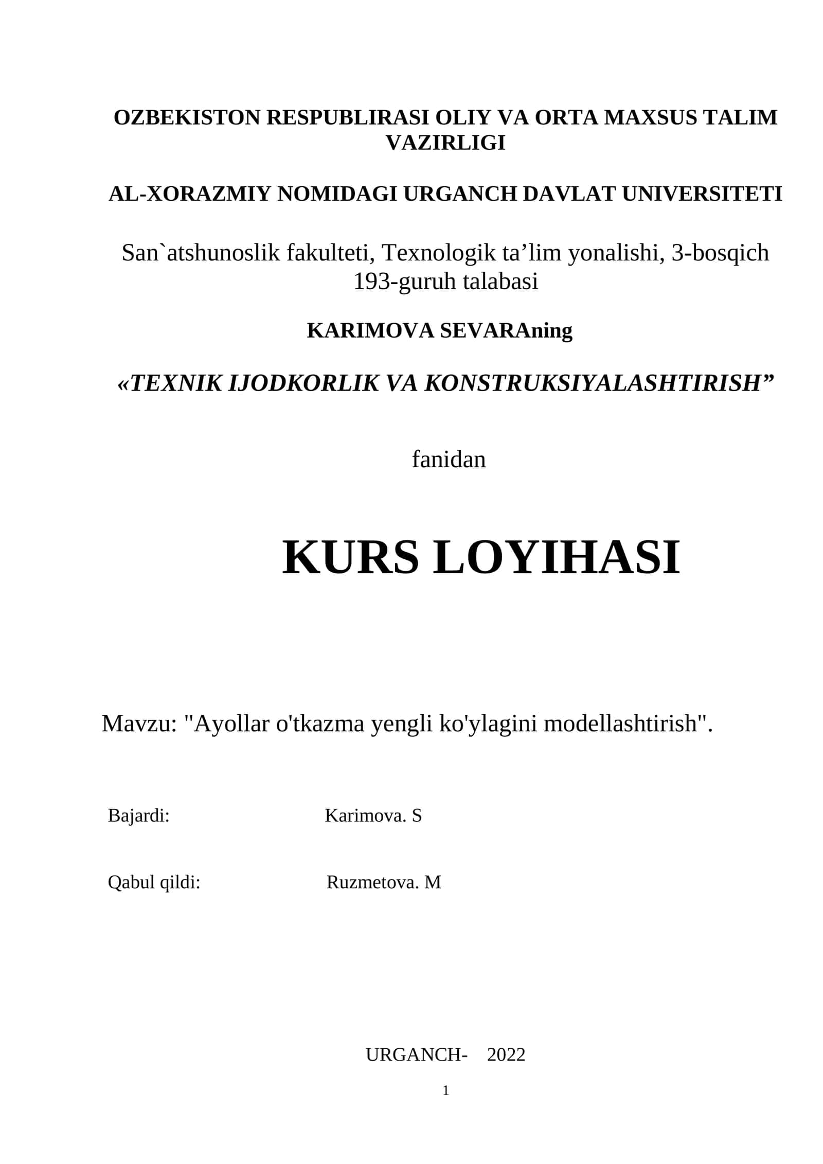 "Ayollar o'tkazma yengli ko'ylagini modellashtirish"