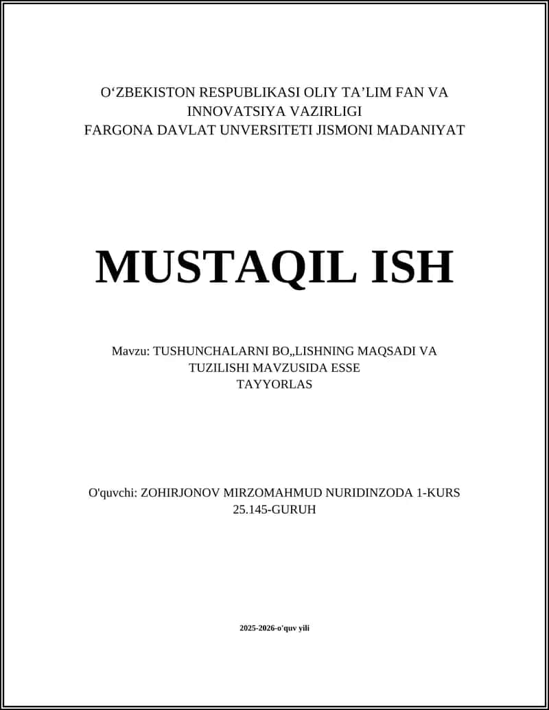 TUSHUNCHALARNI BO„LISHNING MAQSADI VA TUZILISHI MAVZUSIDA ESSE