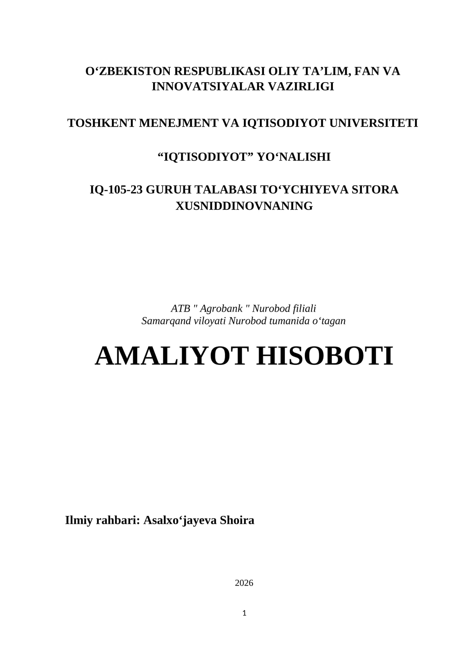 ATB "Agrobank" Nurobod filialida o‘tagan AMALIYOT HISOBOTI