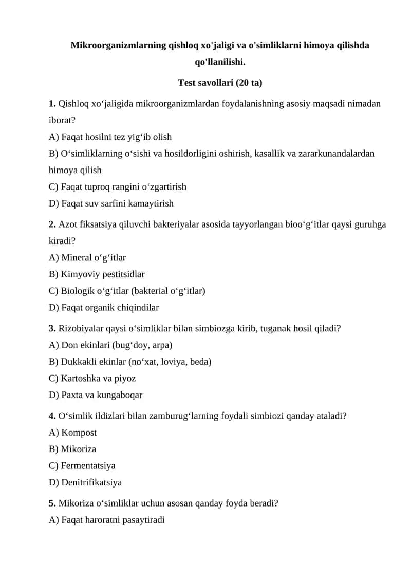 Mikroorganizmlarning_qishloq_xo'jaligi_va_o'simliklarni_himoya_qilishda. mavzusiga testlar