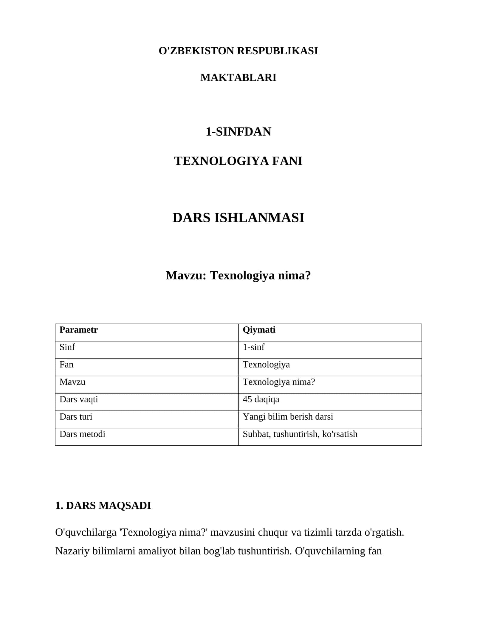 Texnologiya Fani Dars Ishlanmasi