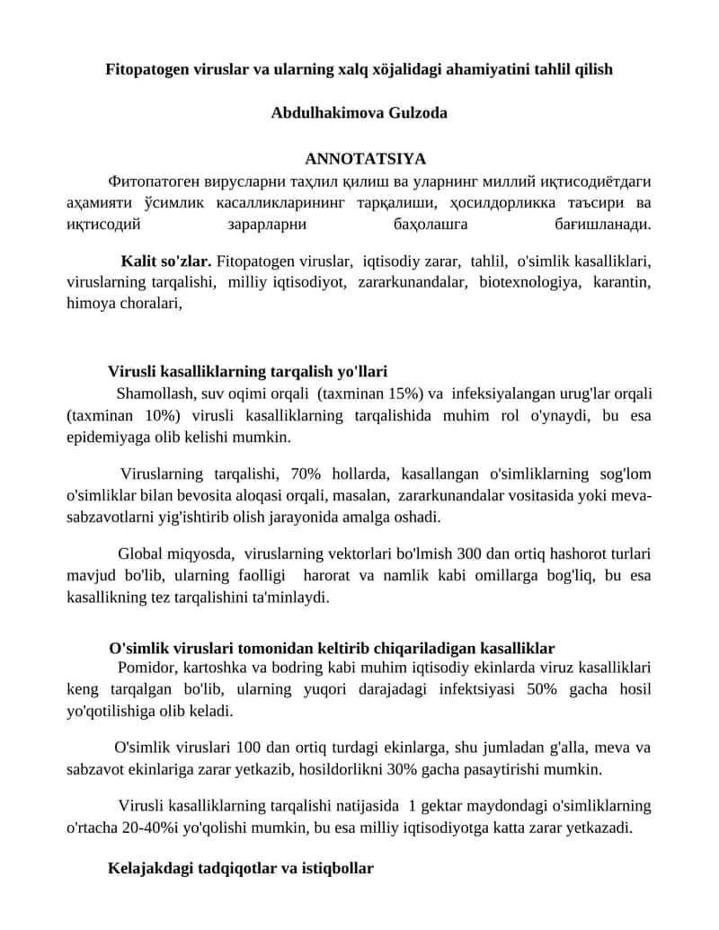 Fitopatogen viruslar va ularning xalq xöjalidagi ahamiyatini tahlil qilish