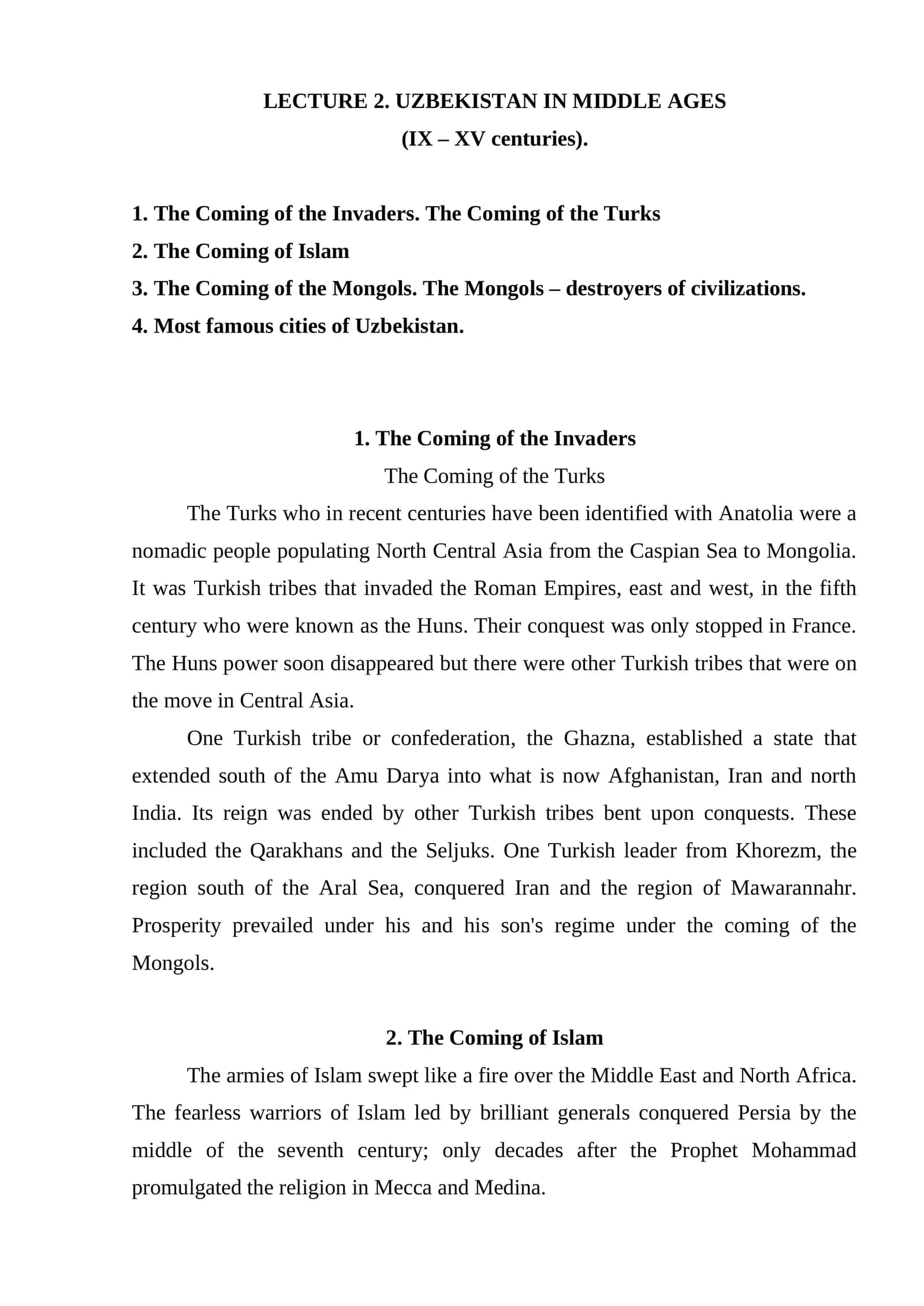 LECTURE 2. UZBEKISTAN IN MIDDLE AGES (IX – XV centuries)