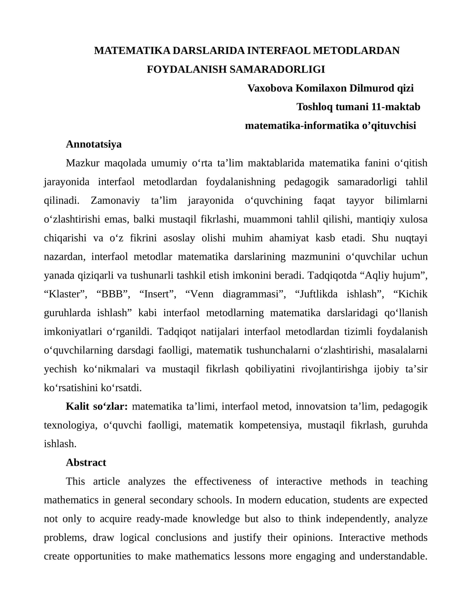 MATEMATIKA DARSLARIDA INTERFAOL METODLARDAN FOYDALANISH SAMARADORLIGI