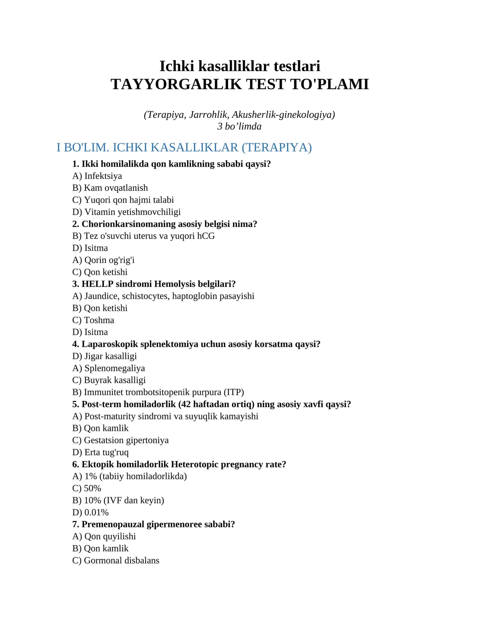 Ichki kasalliklar testlari