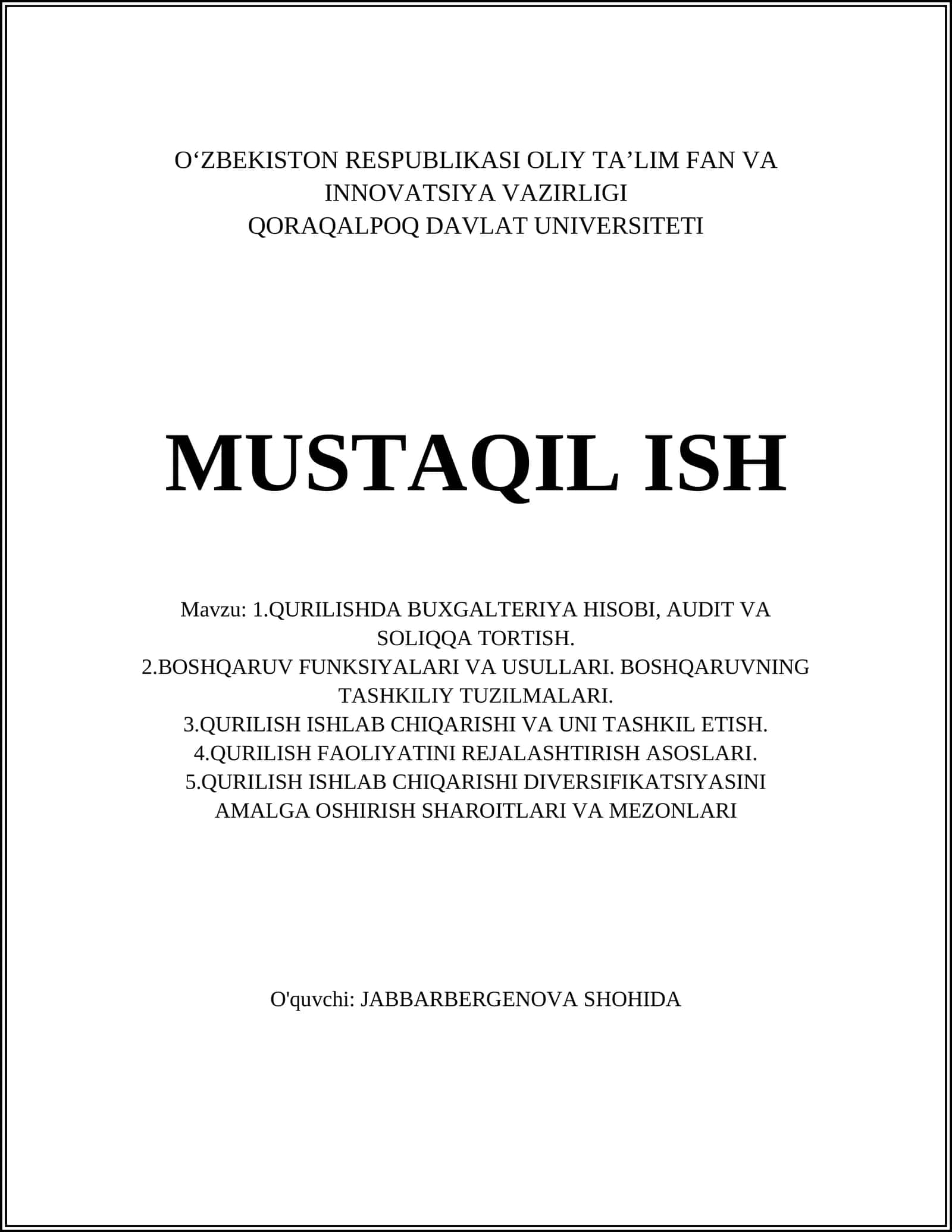 Qurilishda Buxgalteriya Hisobi