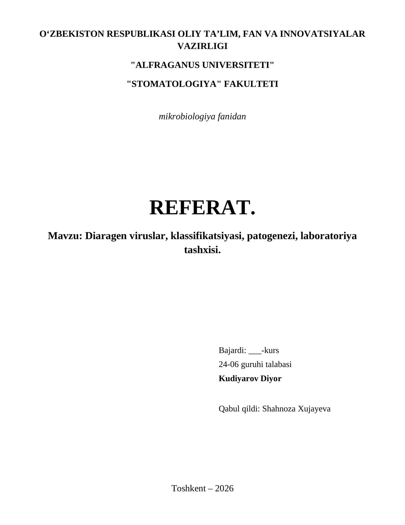 Diaragen viruslar, klassifikatsiyasi, patogenezi, laboratoriya tashxisi.
