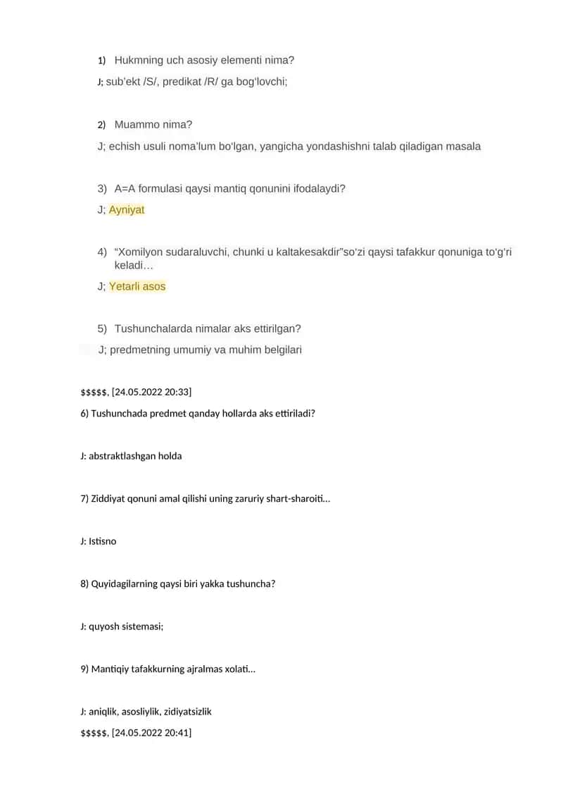 Mantiq fanidan Savollari va Javoblari