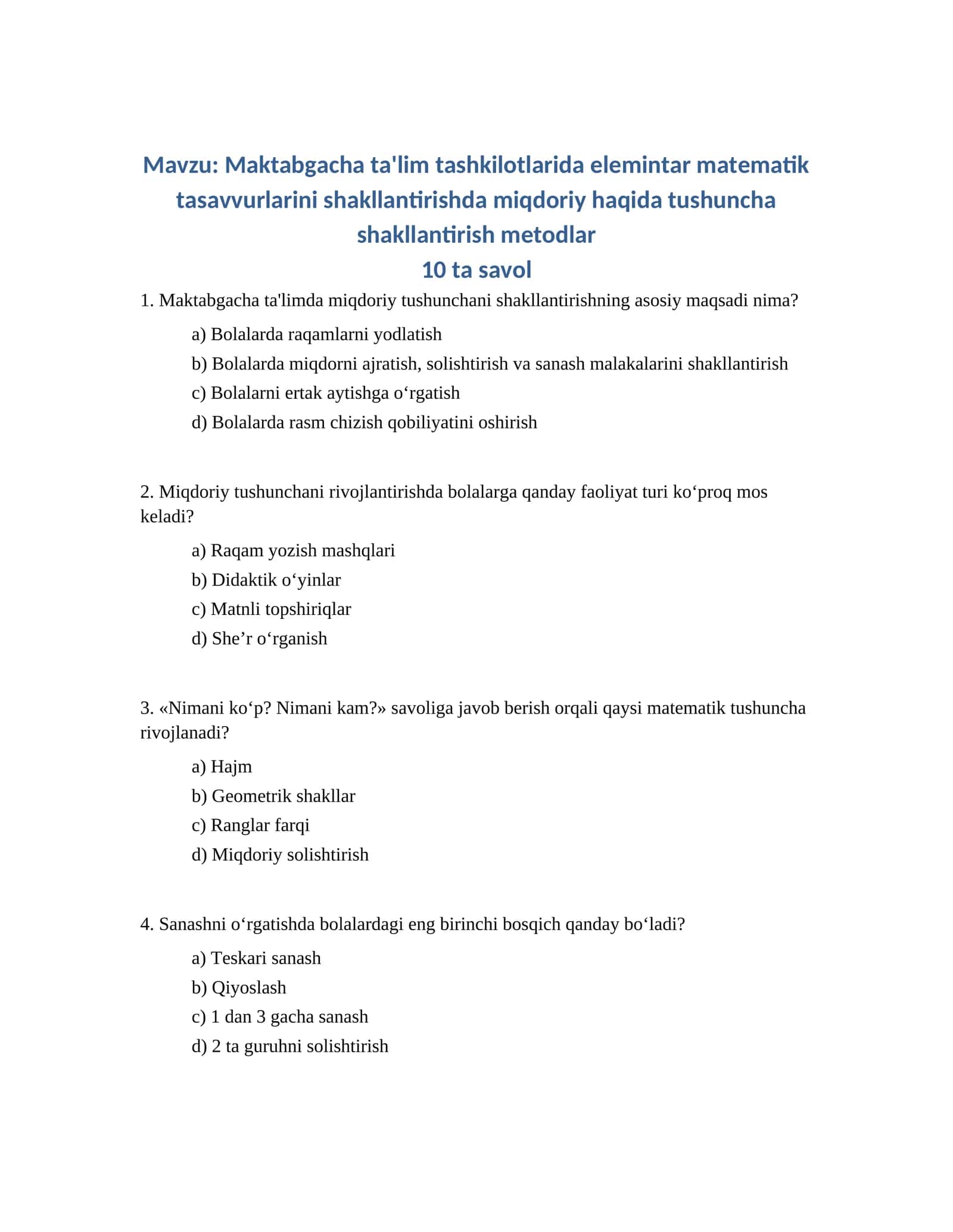 Maktabgacha ta'lim tashkilotlarida elemintar matematik tasavvurlarini shakllantirishda miqdoriy haqida tushuncha shakllantirish metodlar