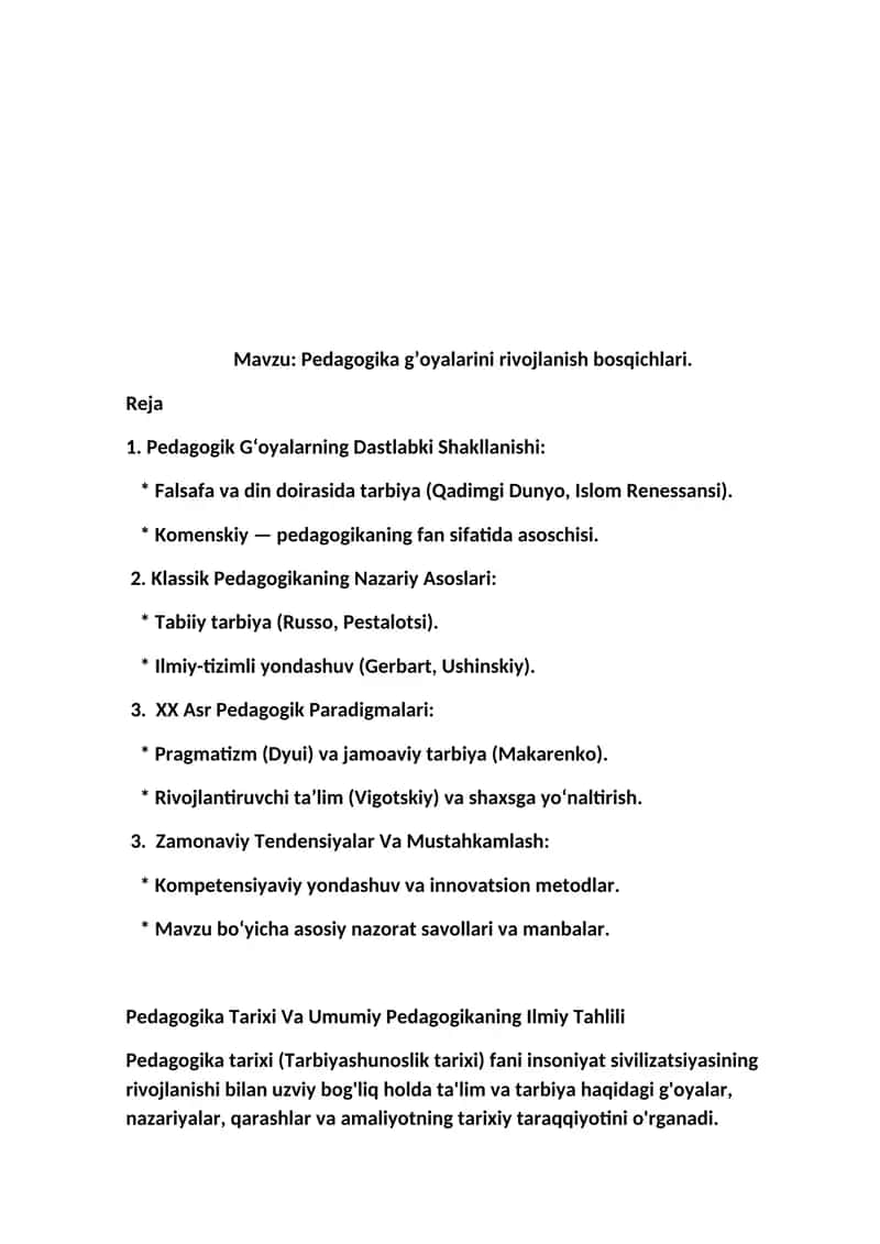 Pedagogika g’oyalarini rivojlanish bosqichlari