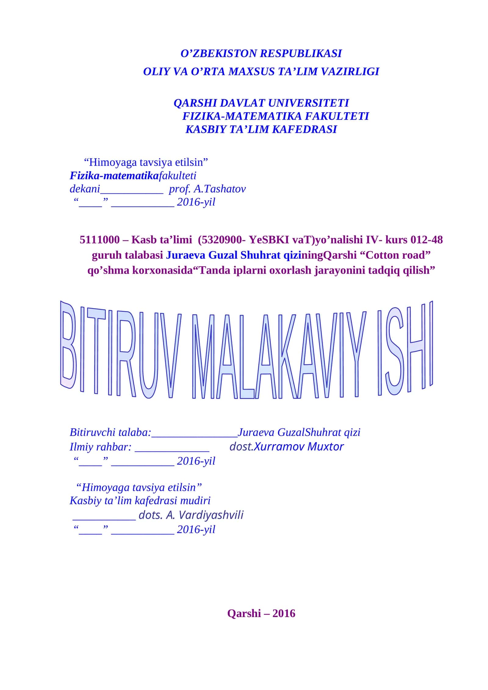 Tanda iplarni oxorlash jarayonini tadqiq qilish