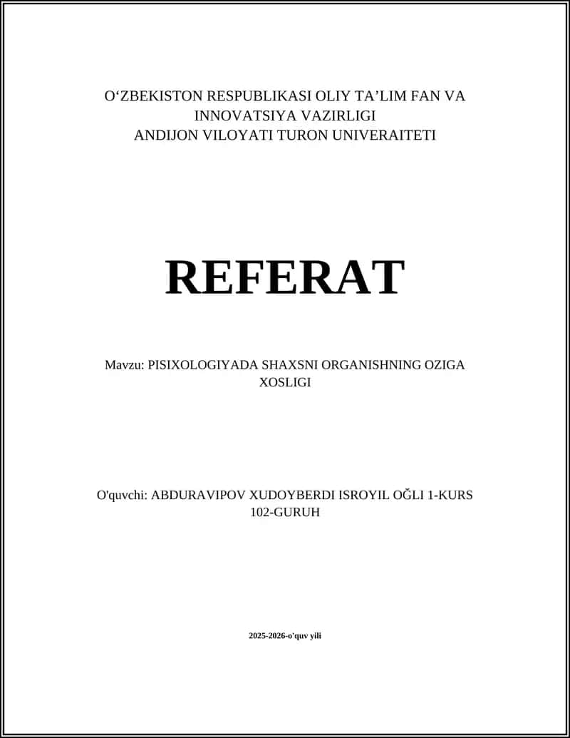Psixologiyada Shaxsni Organishning Oziga Xosligi