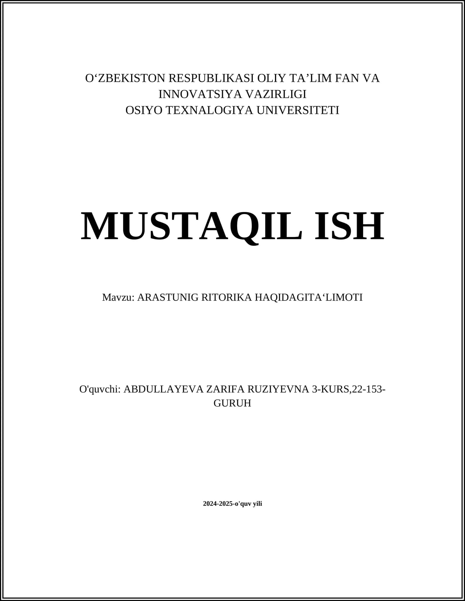 ARASTUNIG RITORIKA HAQIDAGITA‘LIMOTI
