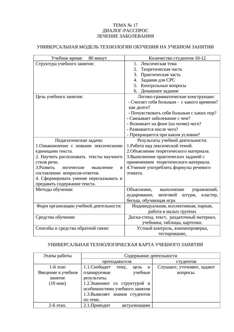 Универсальная модель технологии обучения на учебном занятии
