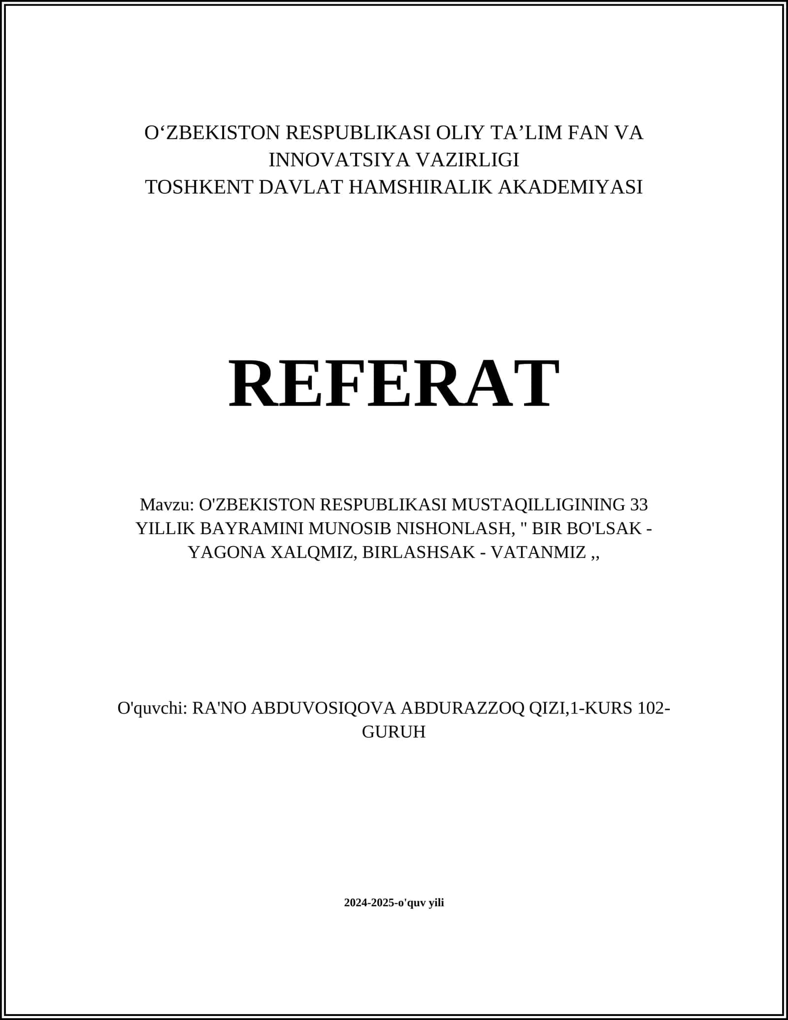 O'ZBEKISTON RESPUBLIKASI MUSTAQILLIGINING 33 YILLIK BAYRAMINI MUNOSIB NISHONLASH