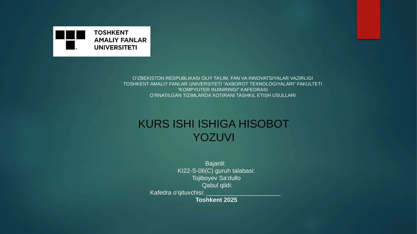 O'Rnatilgan Tizimlarda Xotirani Tashkil Etish Usullari